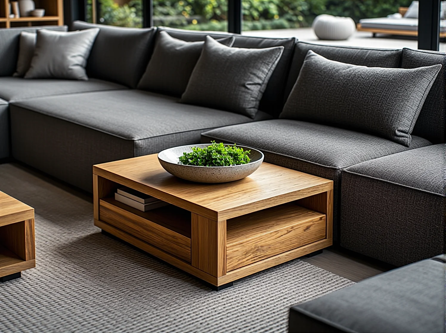 Nowoczesny narożnik modułowy dopasowany do przestronnego wnętrza z widokiem na ogród przez duże okna.