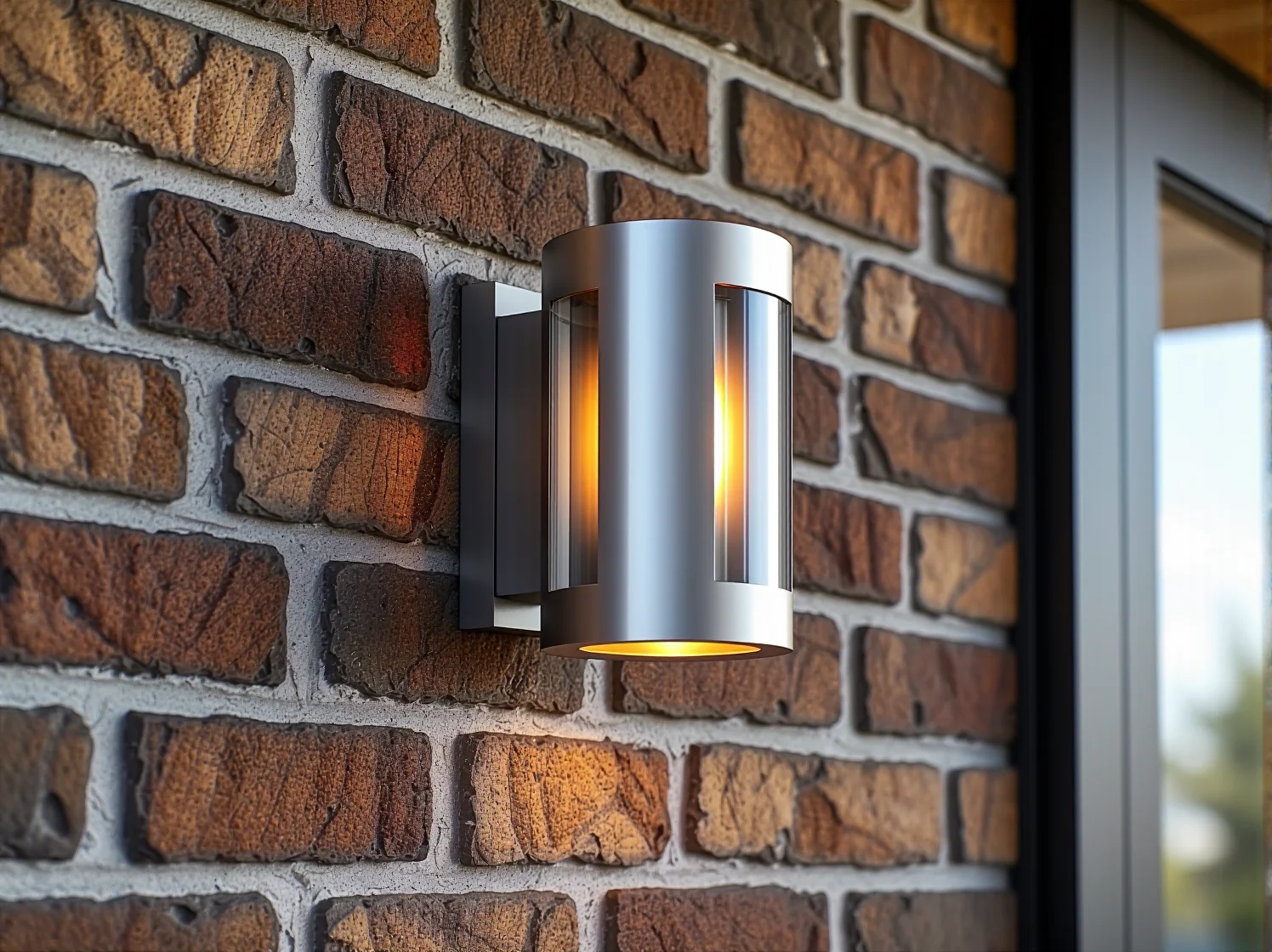Ciepła barwa światła z kinkietu elewacyjnego podkreślająca fakturę czerwonej cegły.