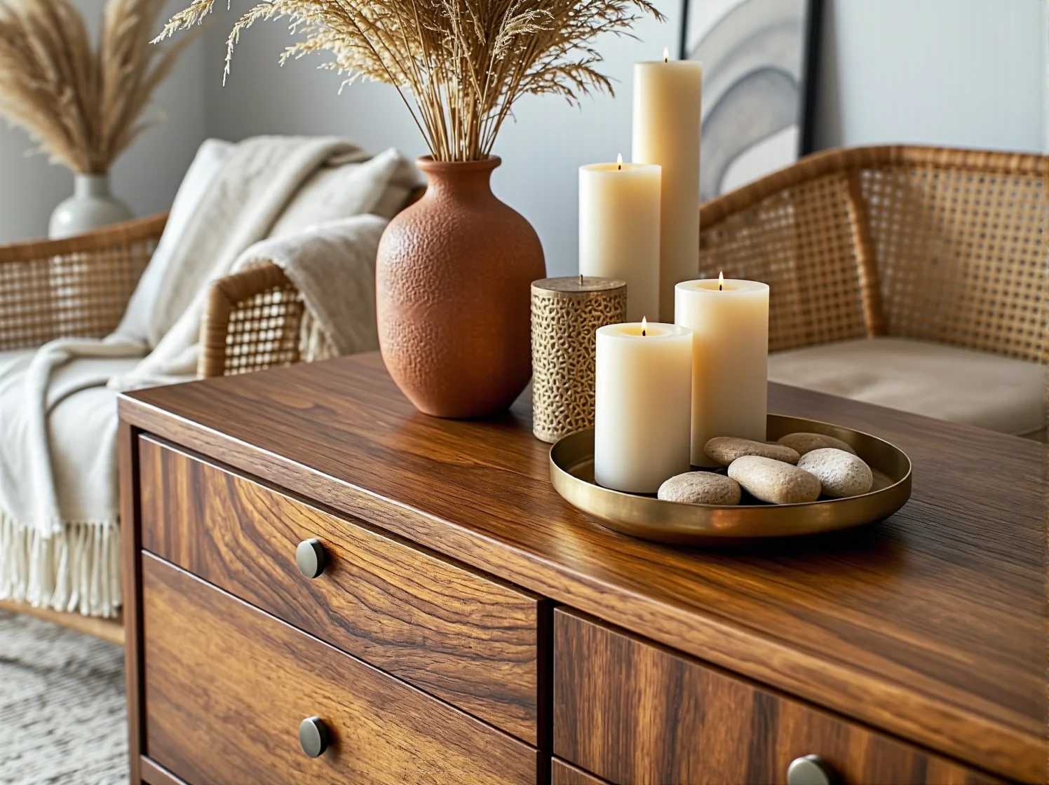 Biała komoda boho z drewnianymi uchwytami i dekoracjami