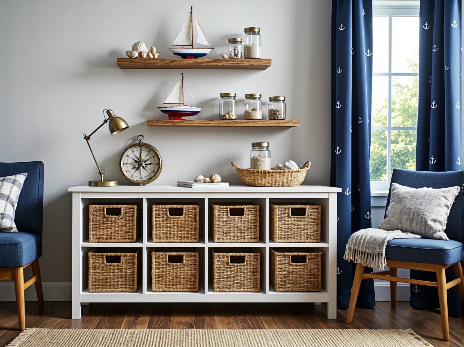 Białe meble drewniane idealne do dziecięcego pokoju z motywem morskim