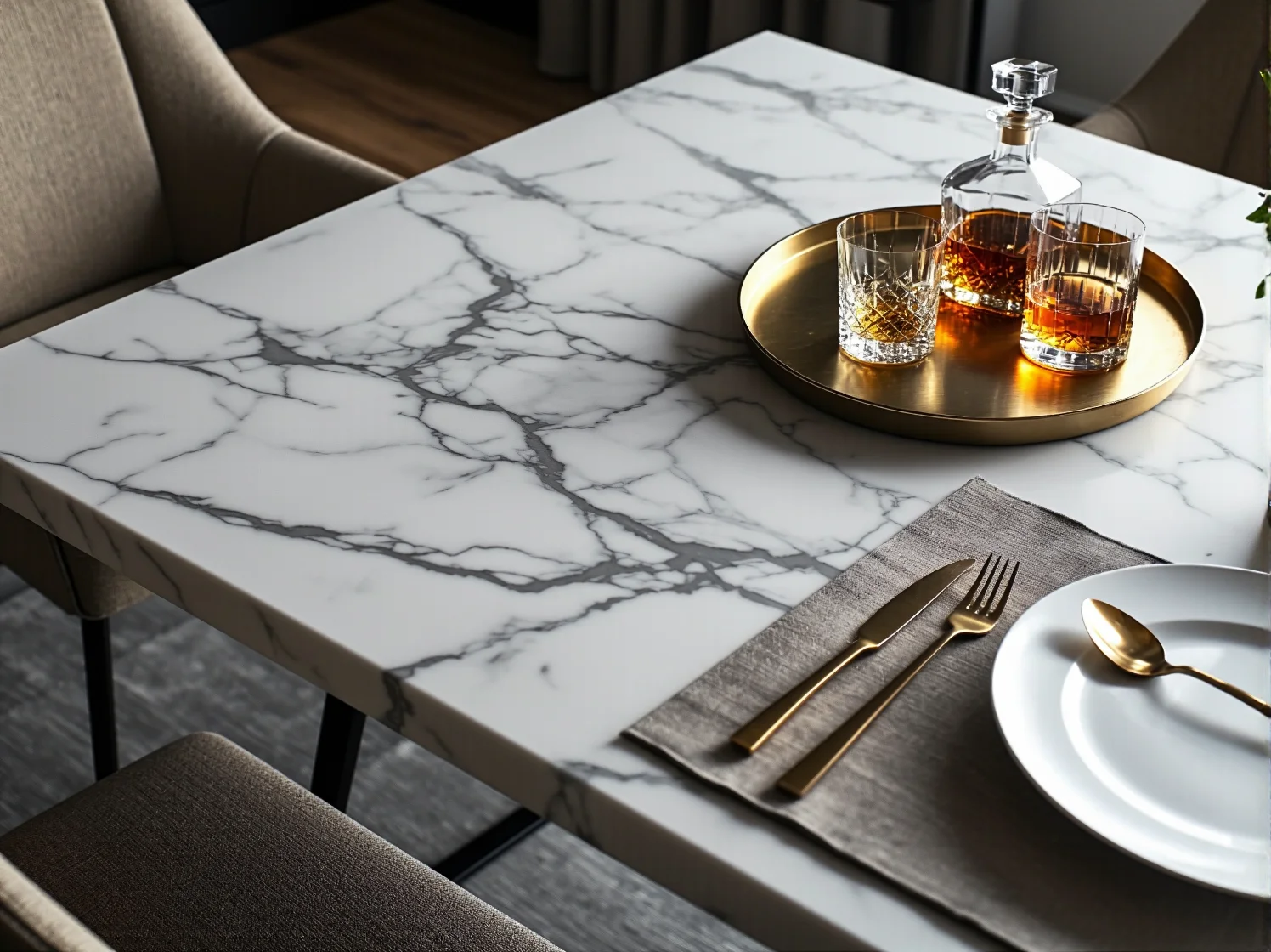 Luksusowe wnętrze jadalni: biały marmurowy blat stołu zestawiony ze złotymi dodatkami.