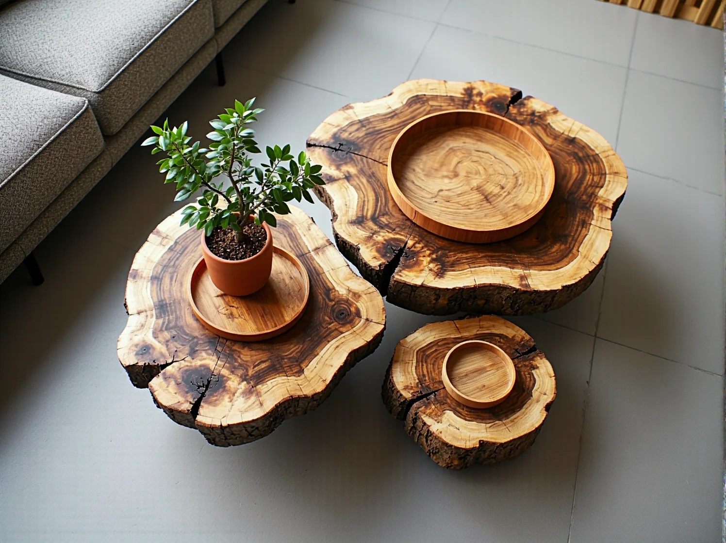 Detale zrównoważonego materiału na blacie stołu kawowego w stylu japandi.