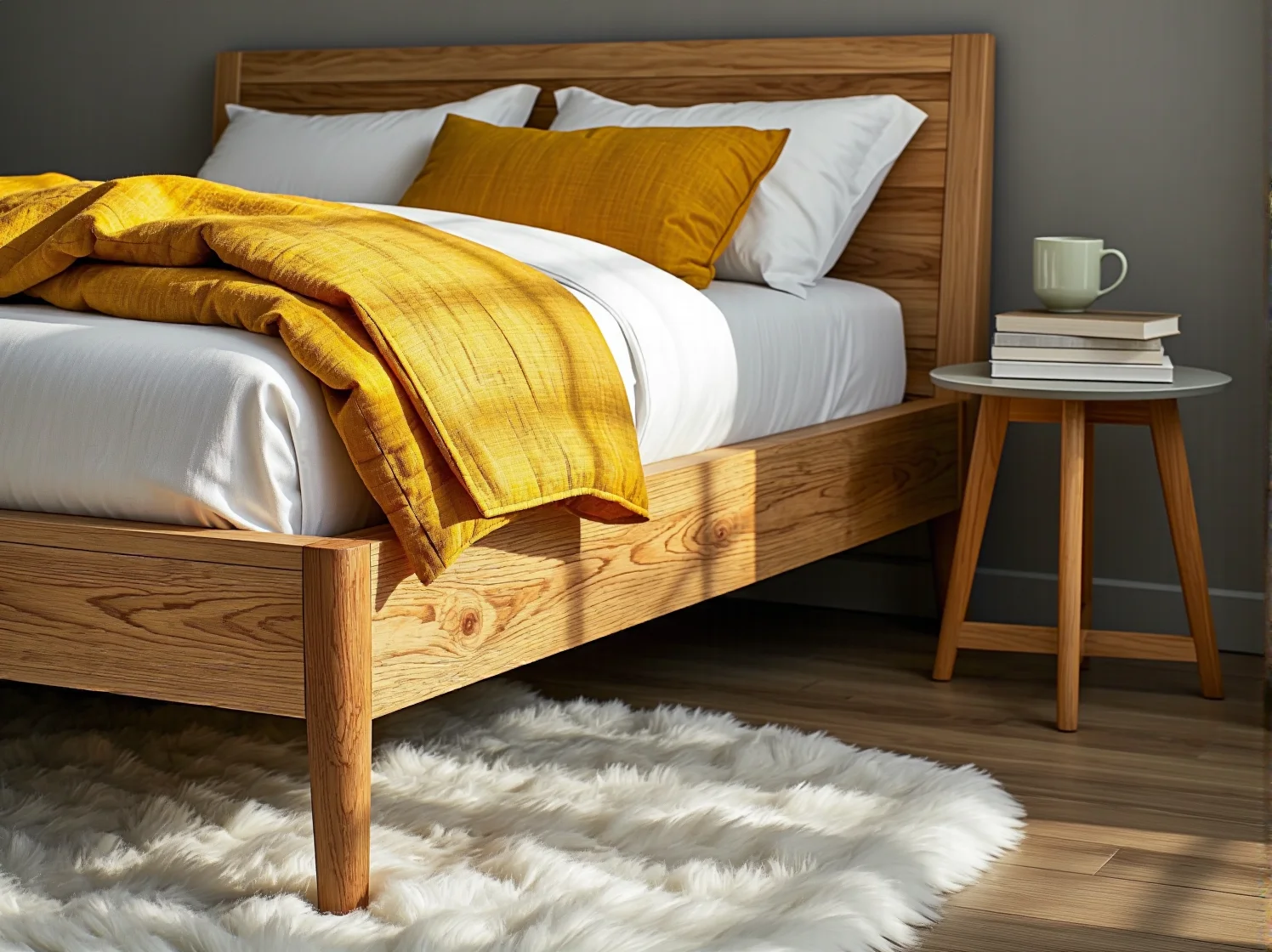 Błękitne dodatki w jasnej jadalni w stylu scandi, stół z naturalnego drewna i pastelowe krzesła.