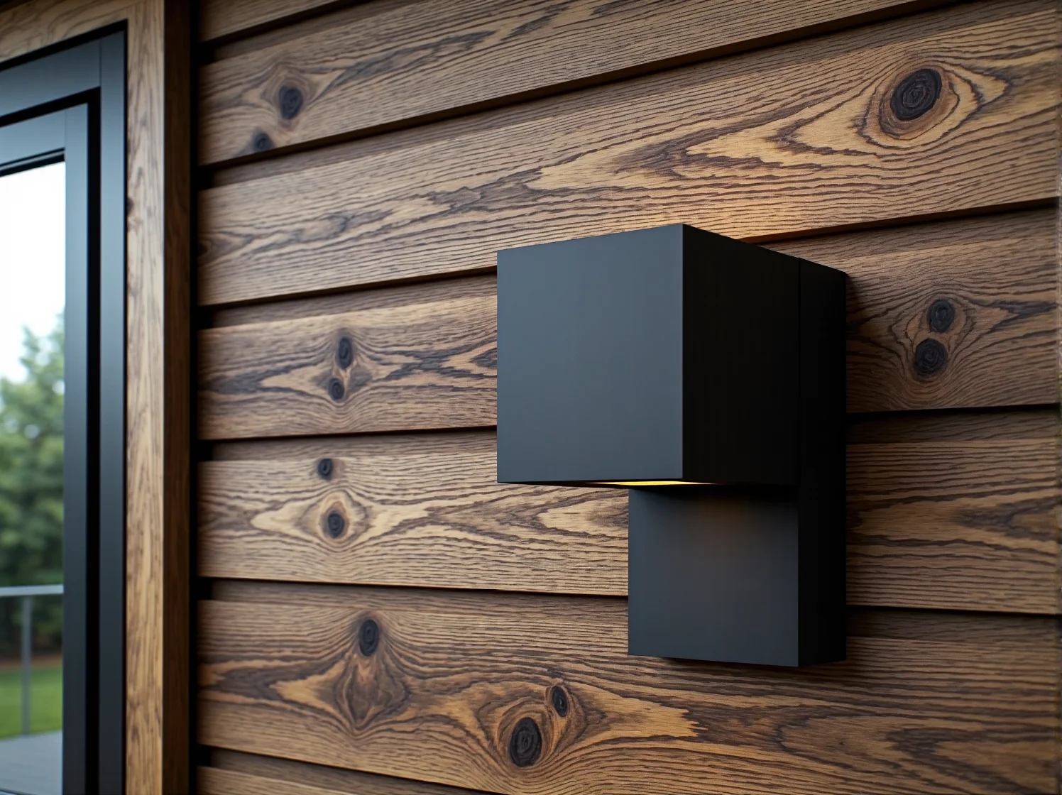 Ciepłe światło kinkietu podkreślające strukturę drewna na elewacji