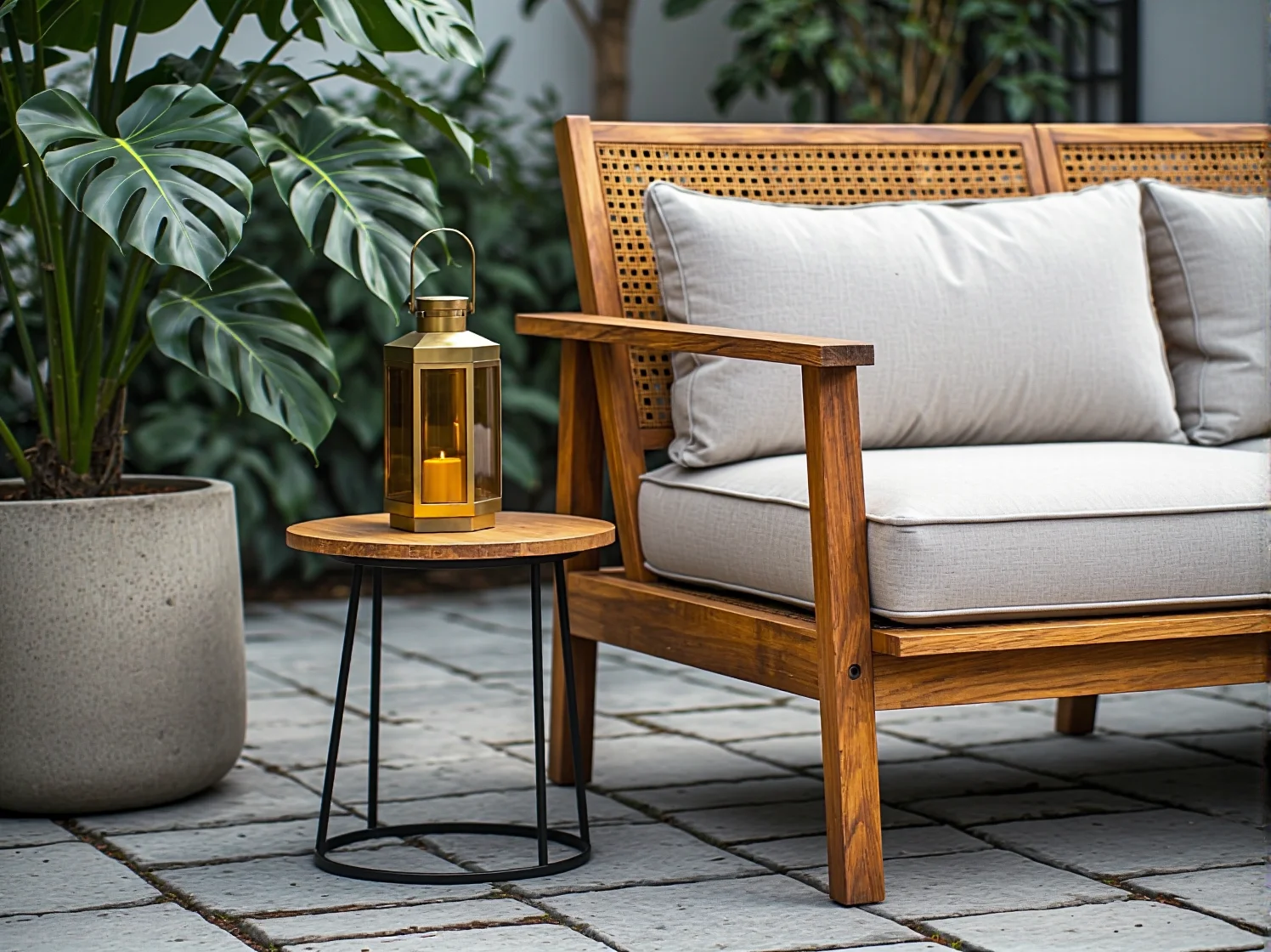 Ozdobna lampa LED emitująca ciepłe światło w aranżacji kolonialnego patio.