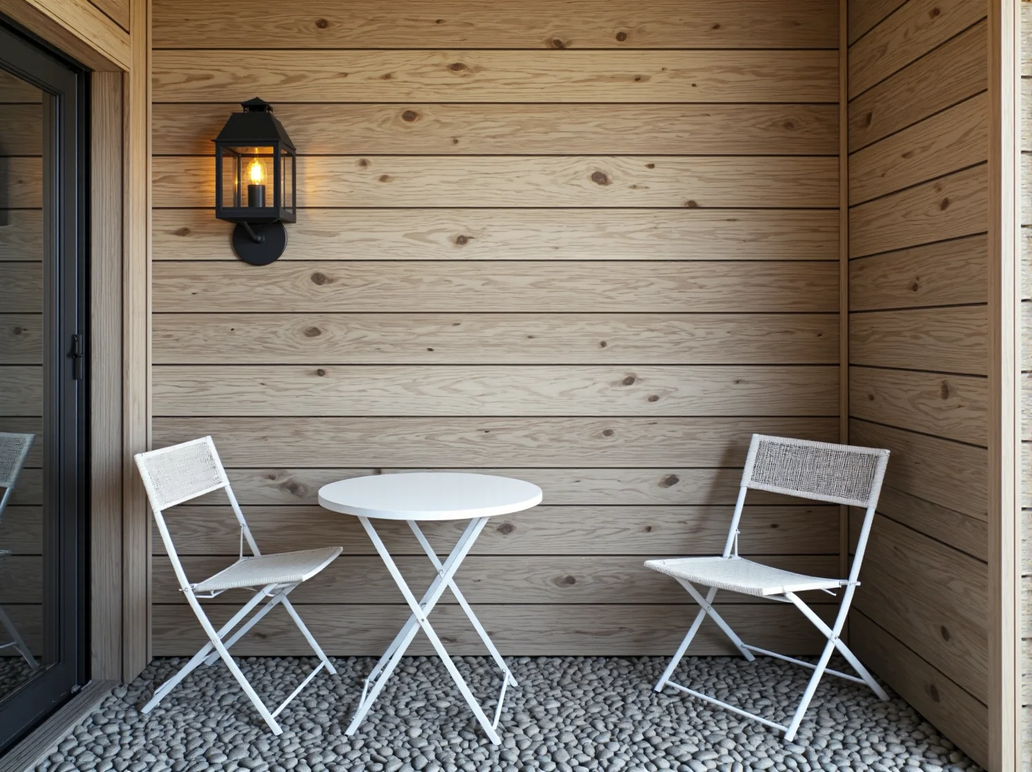 Czarne kinkiety zewnętrzne kontrastujące z jasnymi deskami