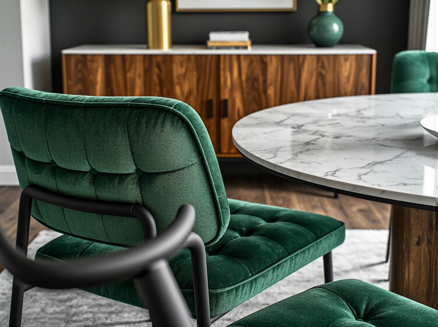 Inspiracja na jadalnię glamour: czarny stół z marmuru pod kryształowym żyrandolem.