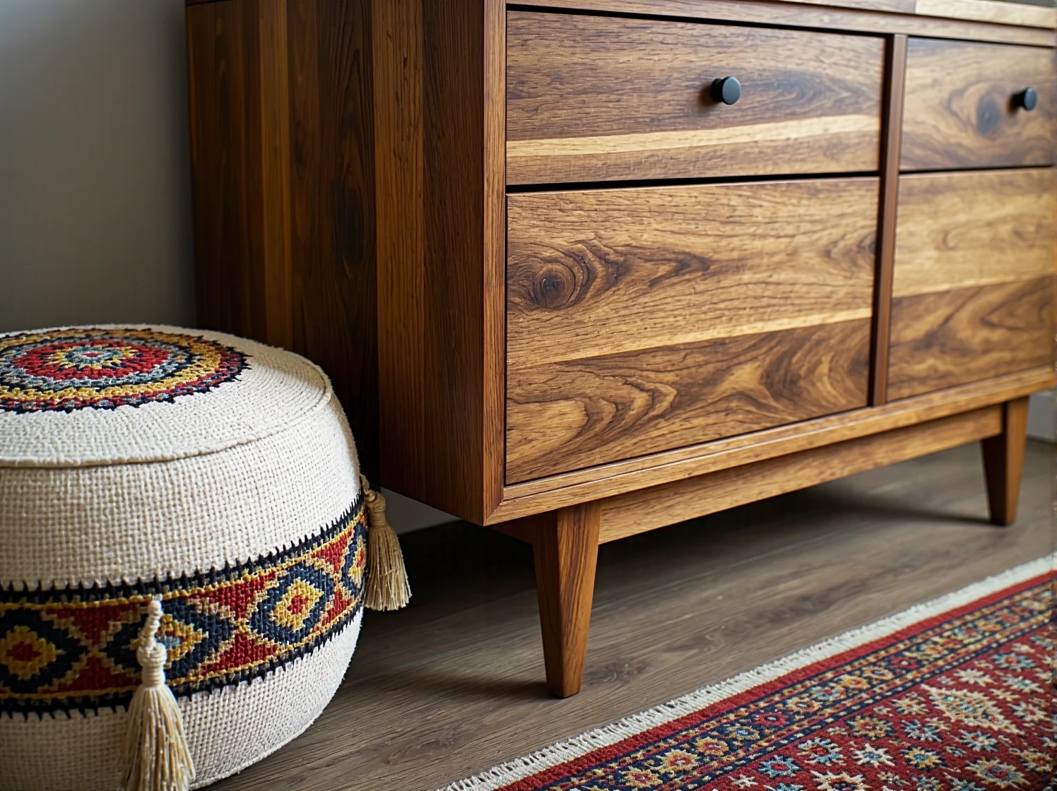 Aranżacja sypialni boho z dębową komodą i makramą na ścianie