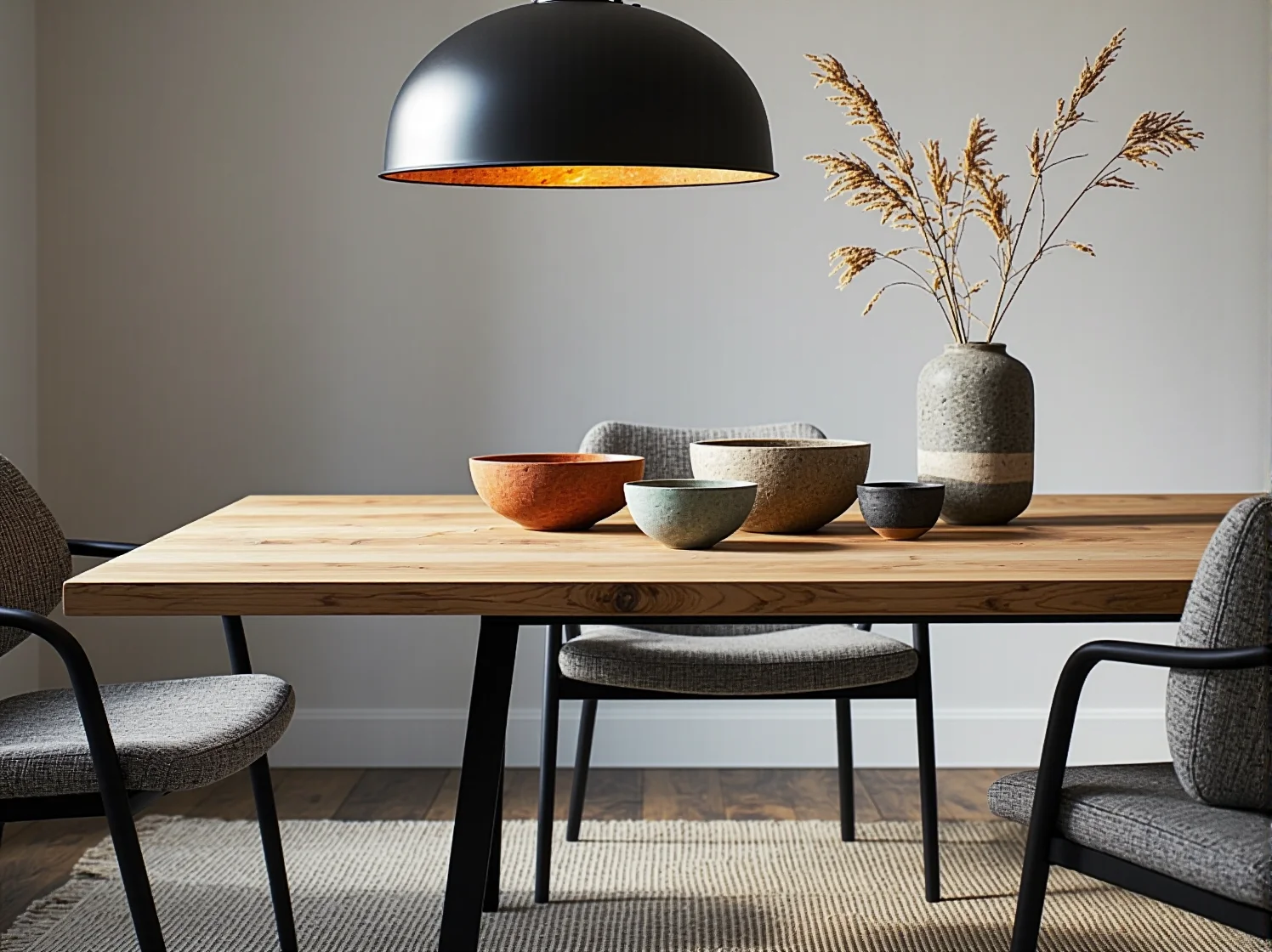 Minimalistyczne dekoracje wabi-sabi i rośliny na surowym regale.