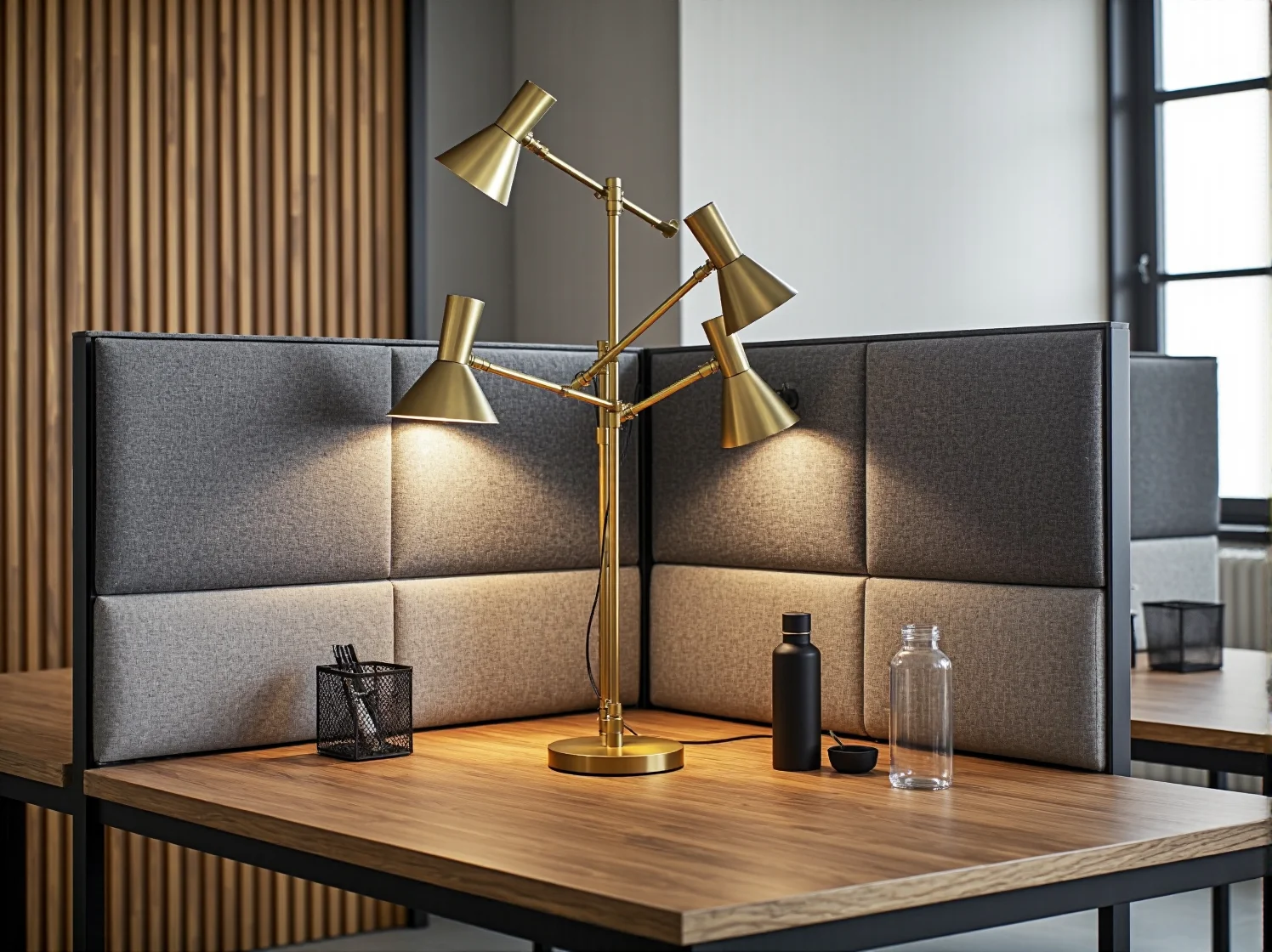 Designerska lampa stojąca w strefie relaksu biura coworkingowego, tworząca przytulną atmosferę.