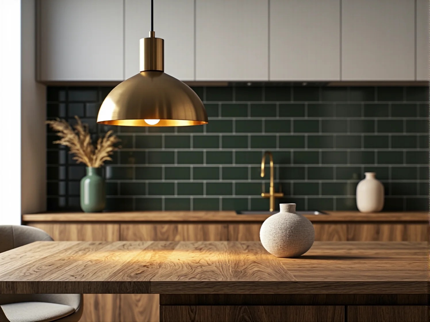 Drewniana lampa wisząca w stylu rustykalnym, która ociepla wnętrze i podkreśla naturalny charakter kuchni.