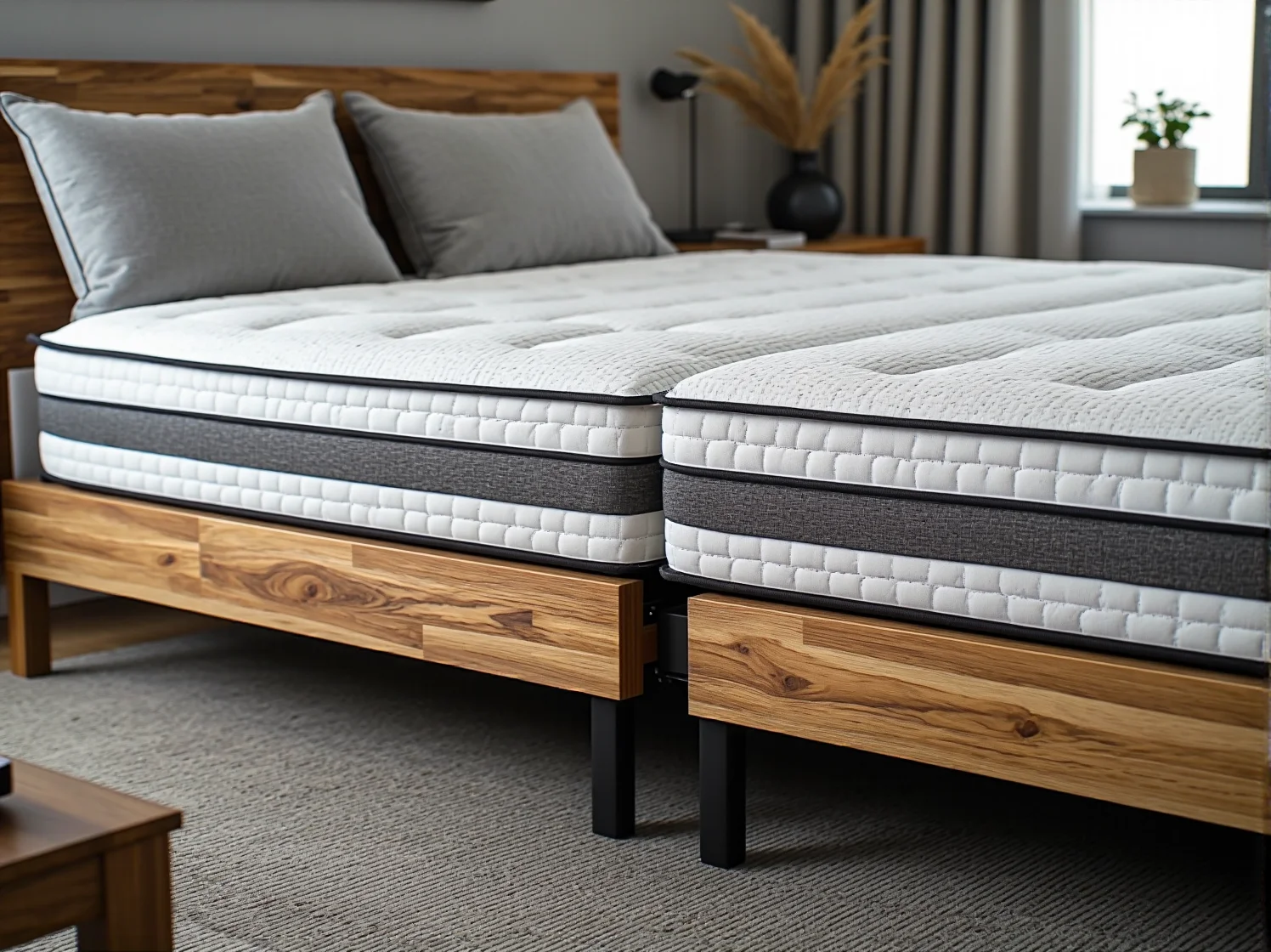 Drewniane łóżko na wymiar z pojemnymi szufladami do eleganckiej sypialni.