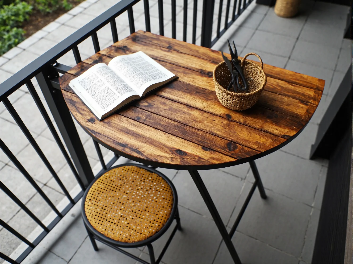 Drewniany zestaw mebli na mały taras w stylu boho