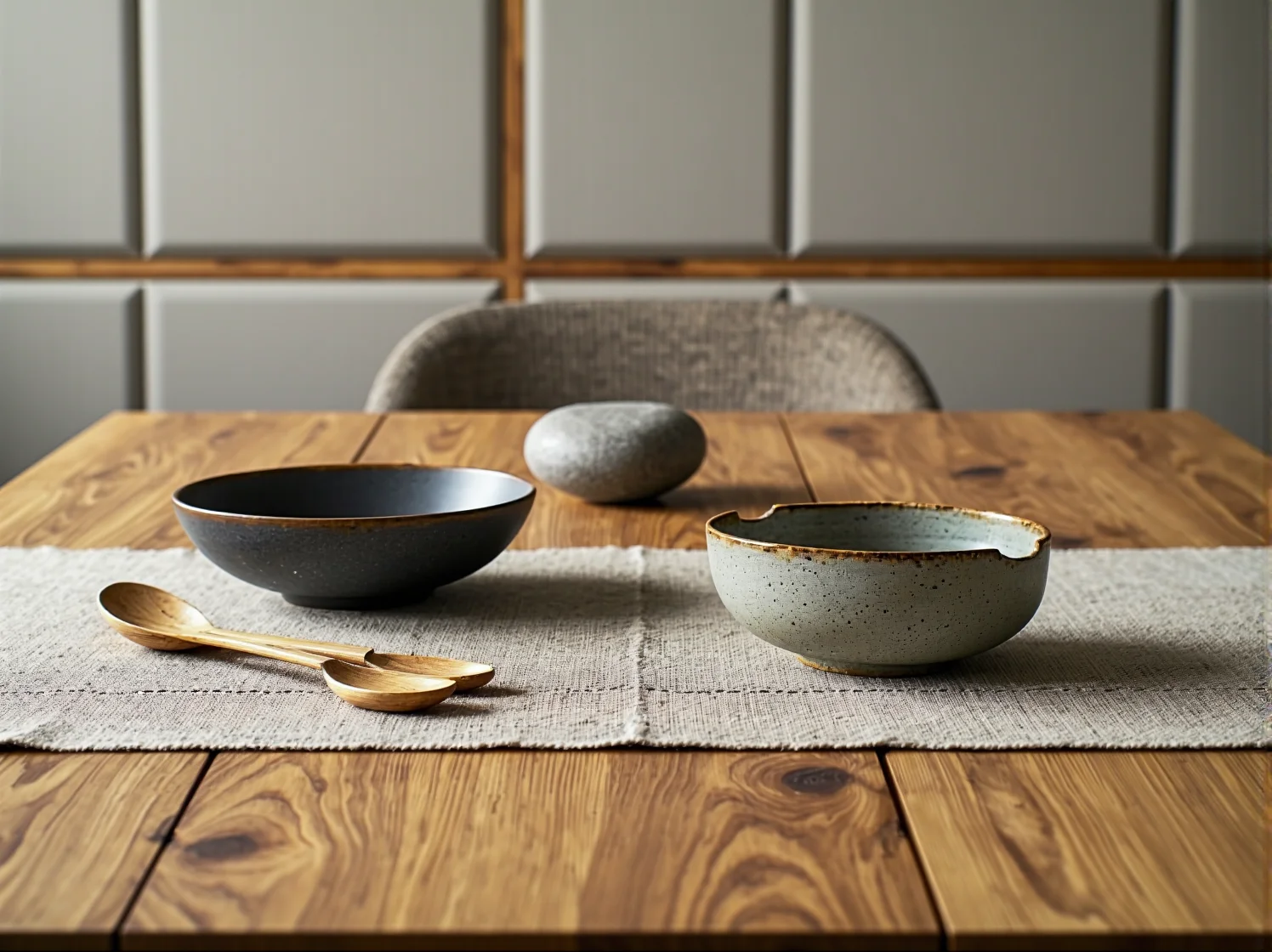 Drewniane stoły i proste krzesła w restauracji inspirowanej stylem japandi