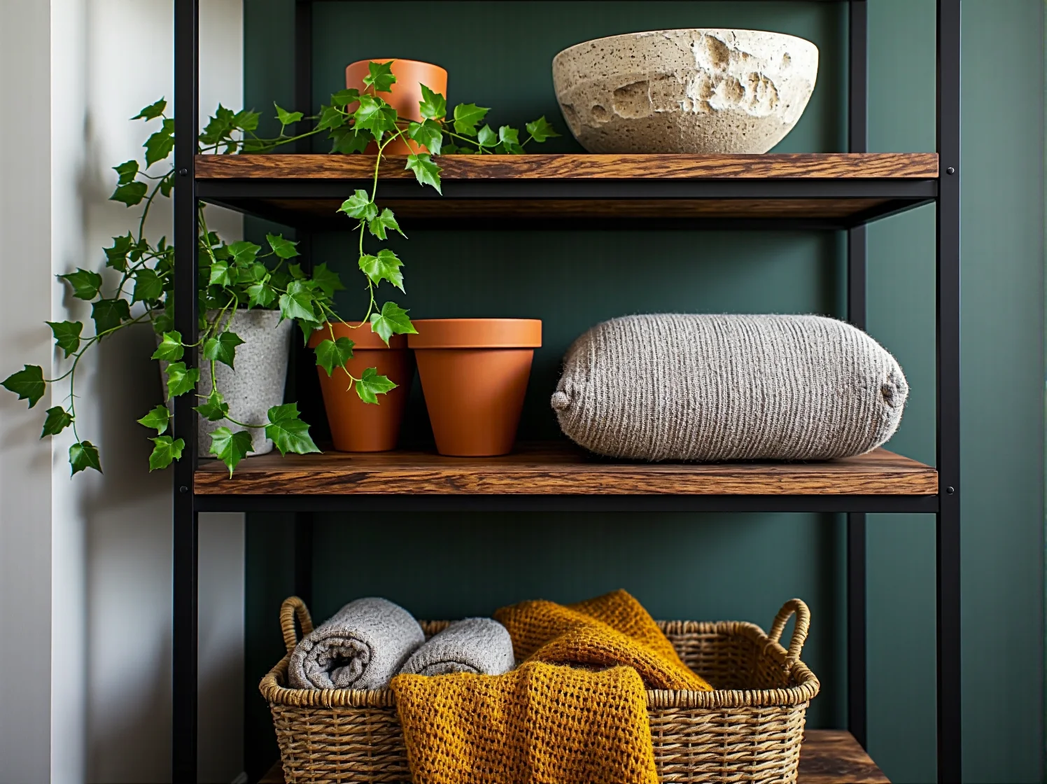 Drewniany regał narożny w nowoczesnym salonie idealnie zagospodarowujący pusty kąt.