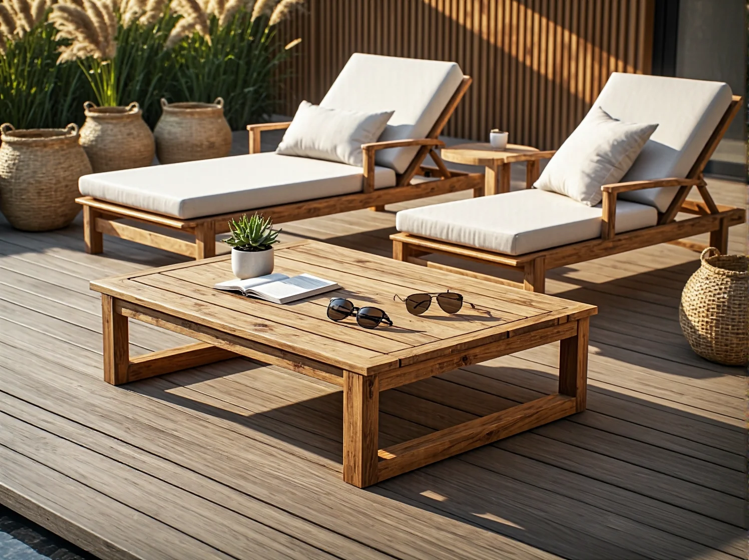 Drewniane leżaki w otoczeniu zieleni, symbolizujące ekologiczny wybór i harmonię z naturą w przydomowym ogrodzie.