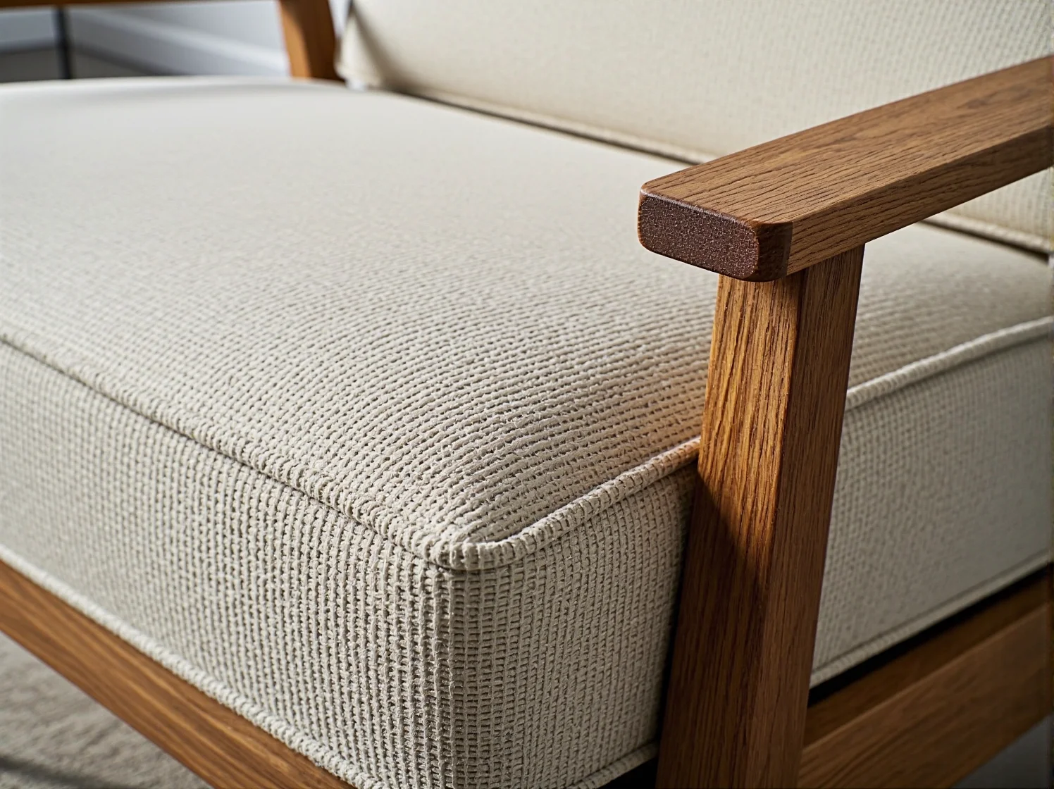 Elegancki fotel do salonu z drewnianymi akcentami podkreślający prosty styl.