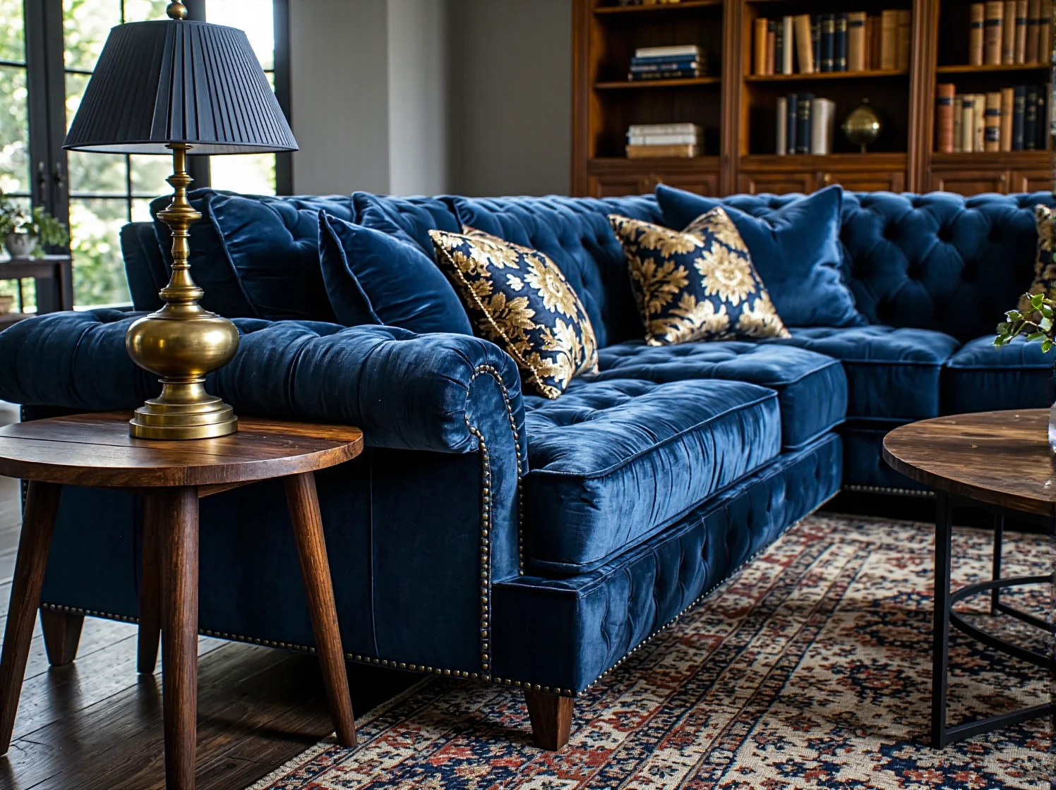 Pikowany duży narożnik z dekoracyjnymi poduszkami w eleganckim, klasycznym salonie.