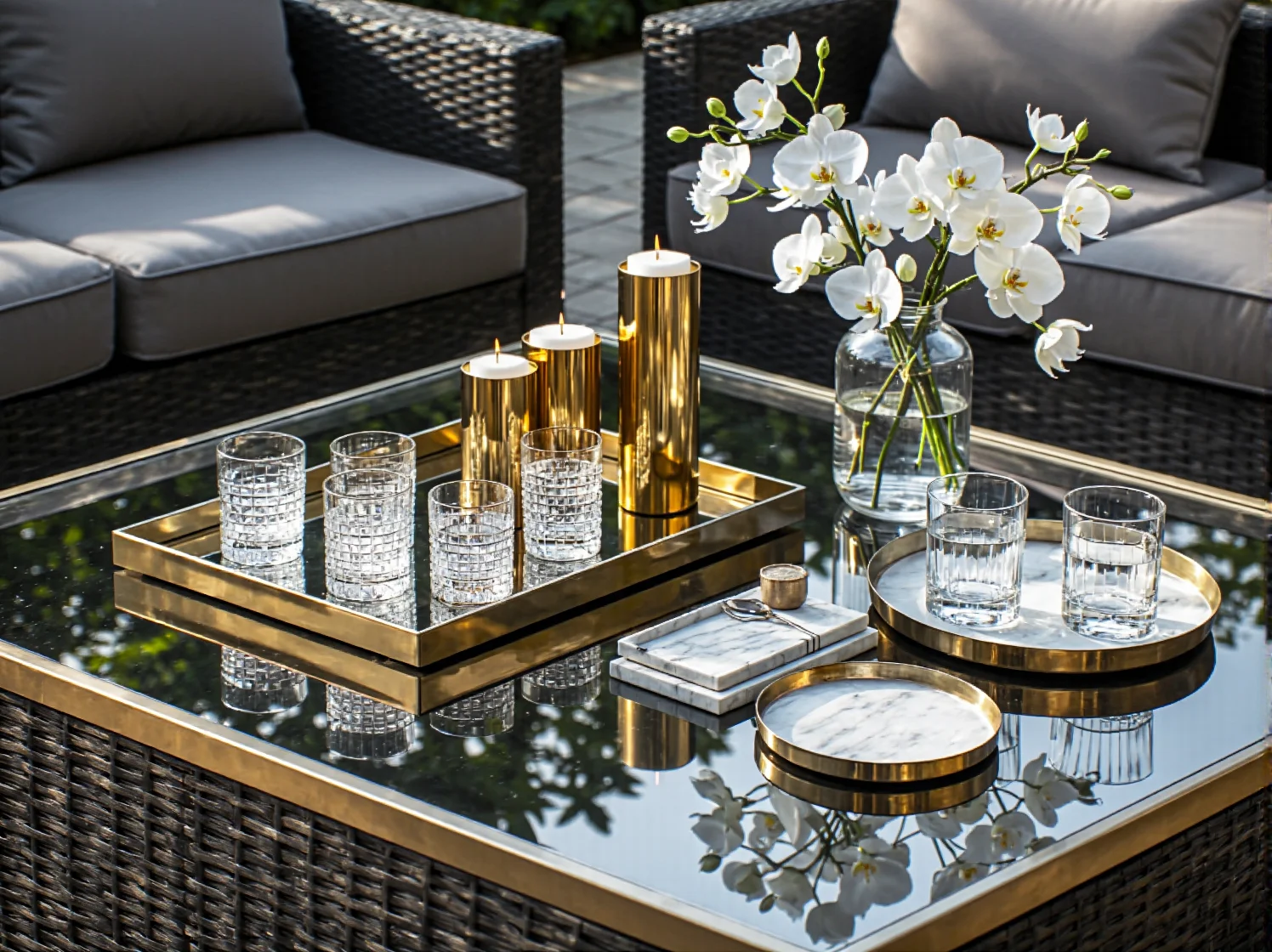 Eleganckie donice w kolorze złota z ozdobnymi roślinami na nowoczesnym tarasie.