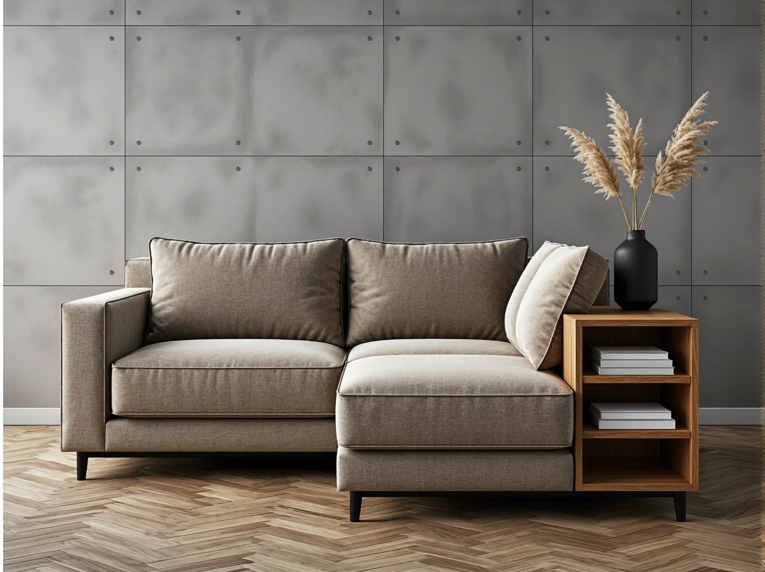 Funkcjonalny narożnik z funkcją spania w stylu minimalistycznym.