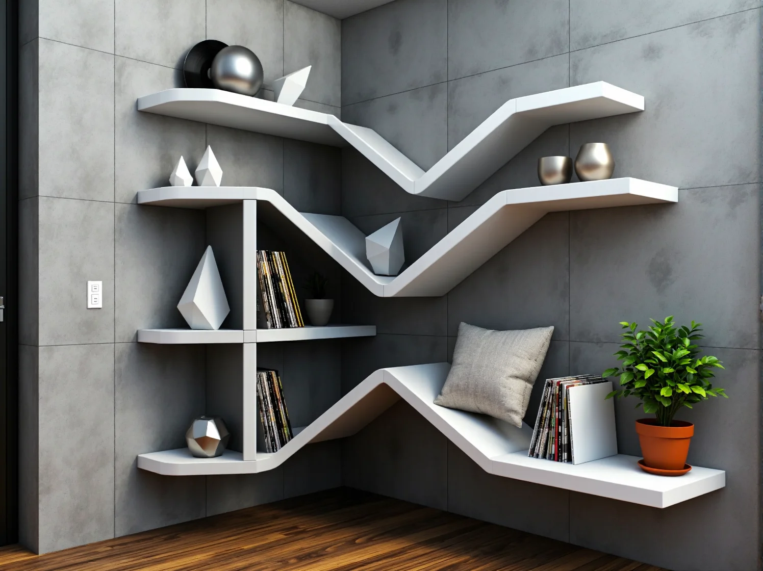 Funkcjonalny regał narożnikowy z książkami i dekoracjami to sprytna aranżacja przestrzeni.