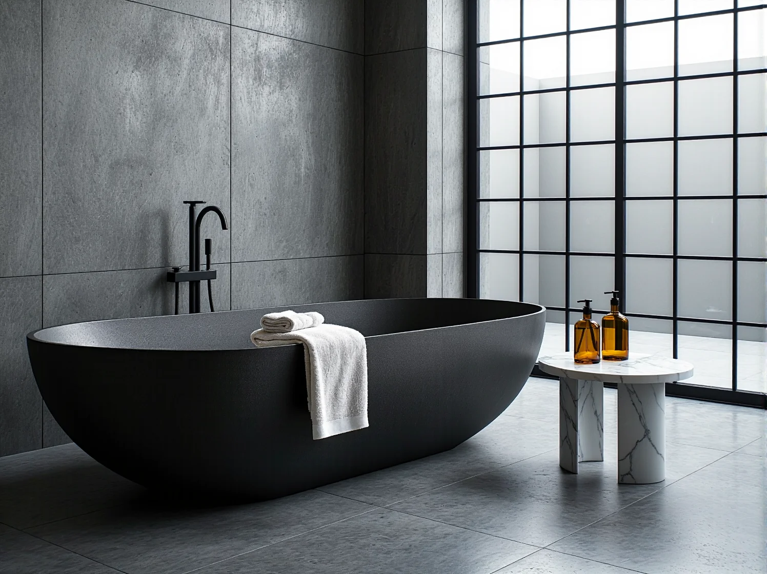 Eleganckie dodatki glamour w industrialnej łazience: złote akcesoria, czarne ręczniki i stylowe oświetlenie.