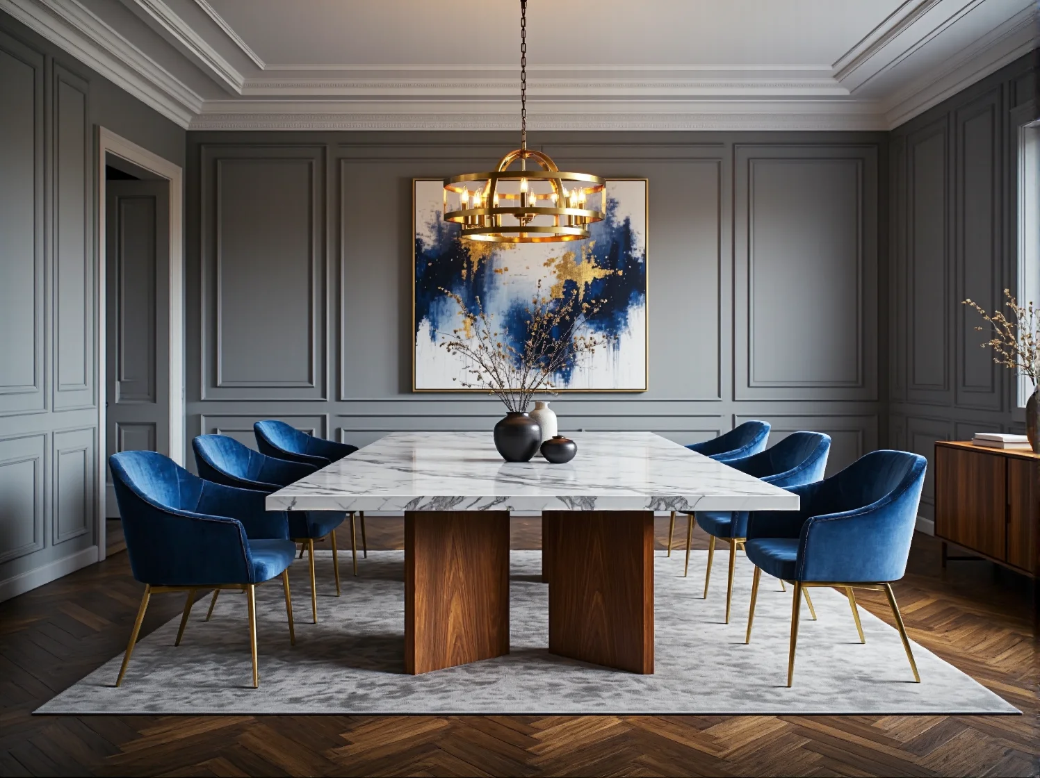 10 inspiracji na urządzenie jadalni w stylu glamour z marmurowymi blatami