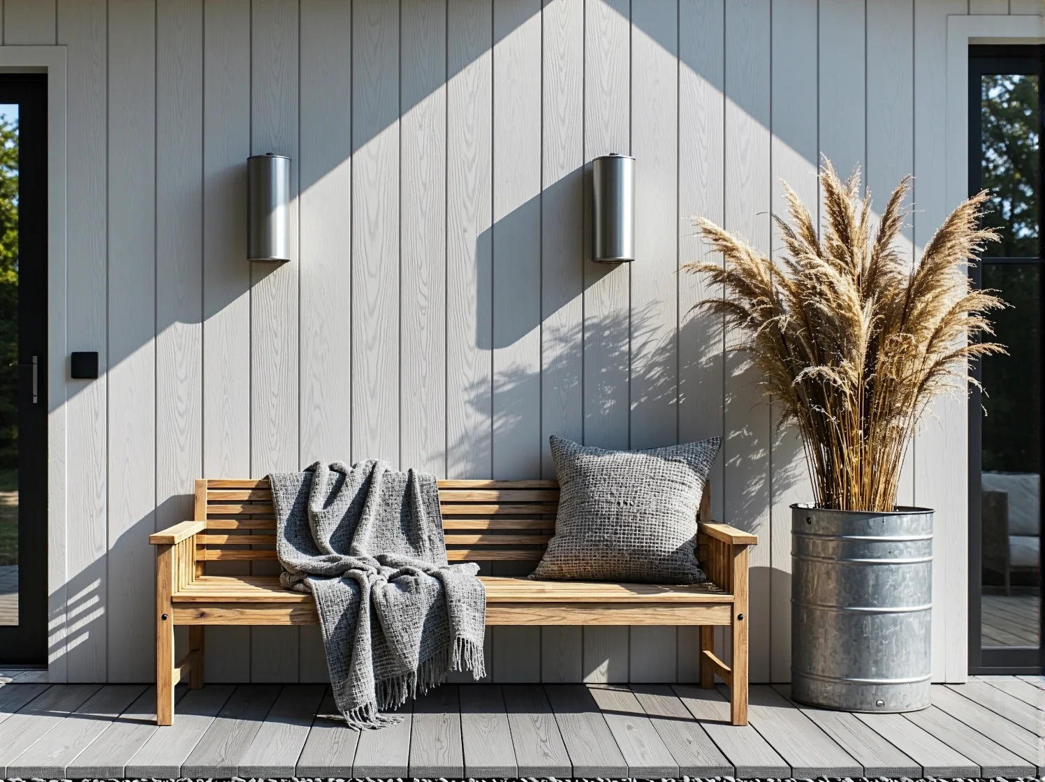 Kinkiet dwukierunkowy góra-dół na fasadzie z drewnianą okładziną