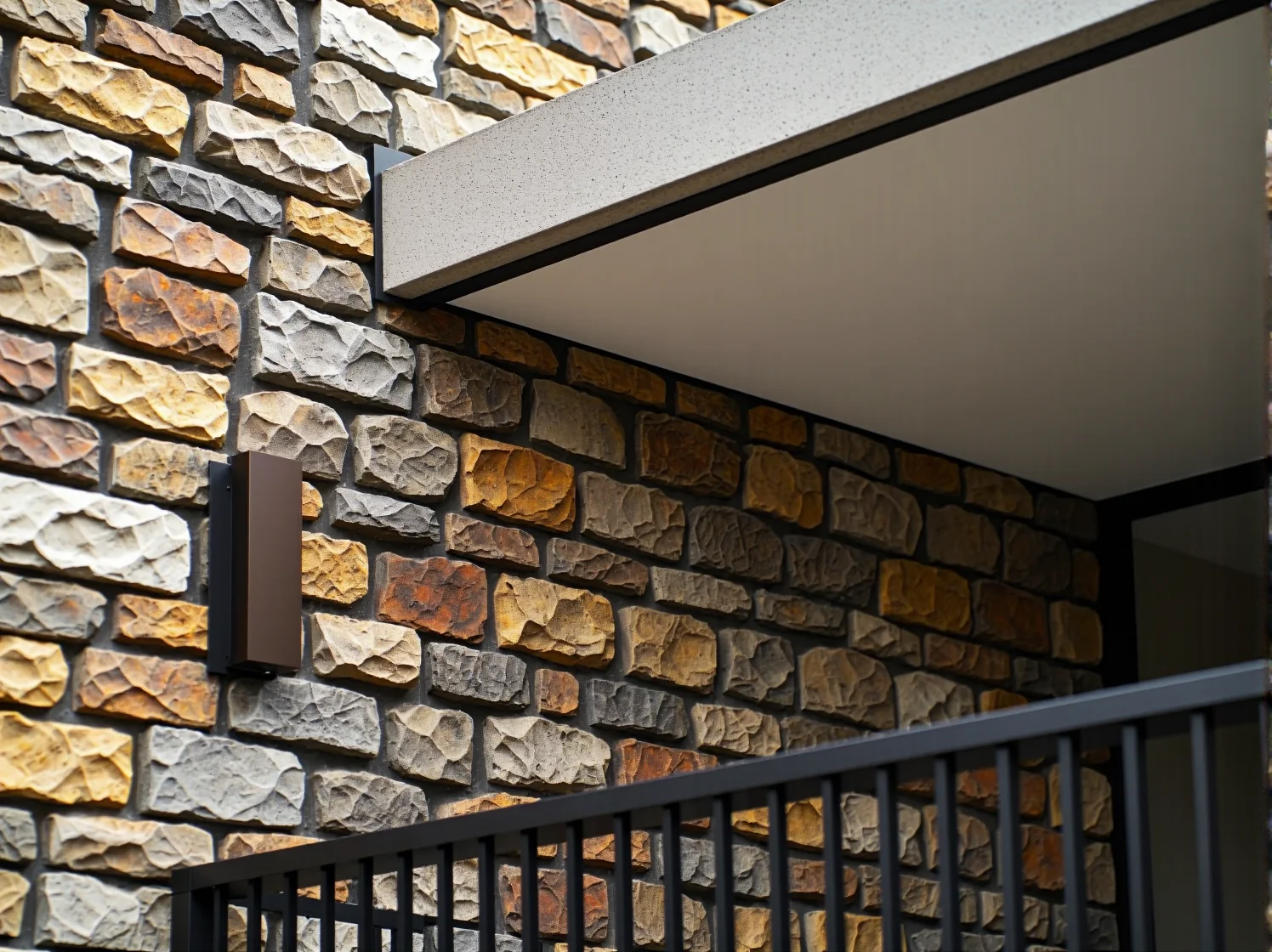 Oświetlenie akcentujące, które wydobywa nieregularną fakturę i kolor naturalnego kamienia na elewacji domu.