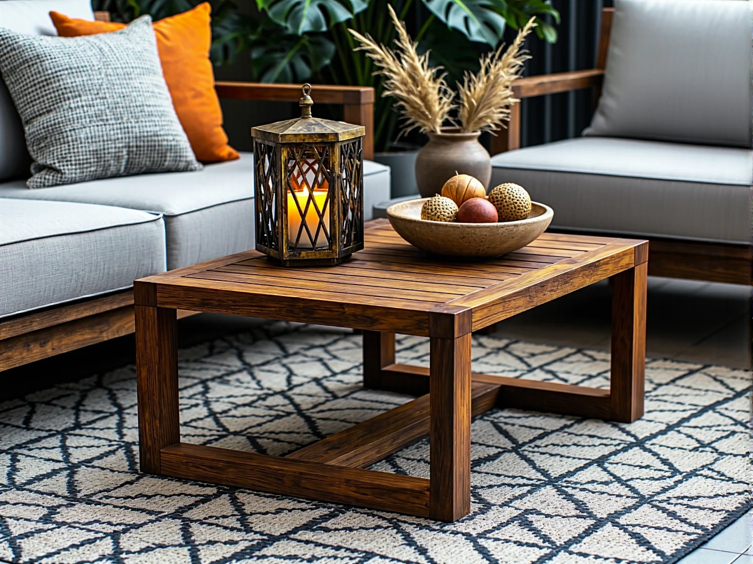 Klasyczne meble ratanowe na tarasie w ogrodzie kolonialnym w ciepłym świetle wieczornym.