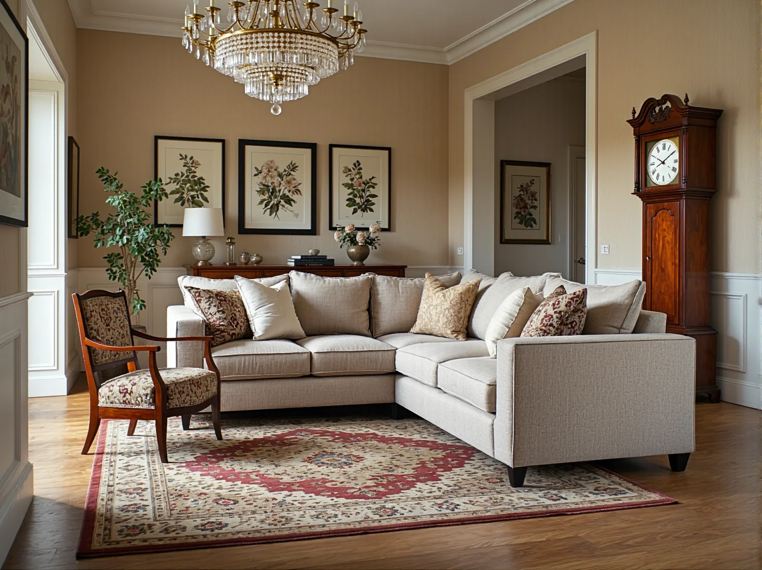 Aranżacja przestronnego salonu z klasycznymi meblami, drewnianym stolikiem i narożnikiem.