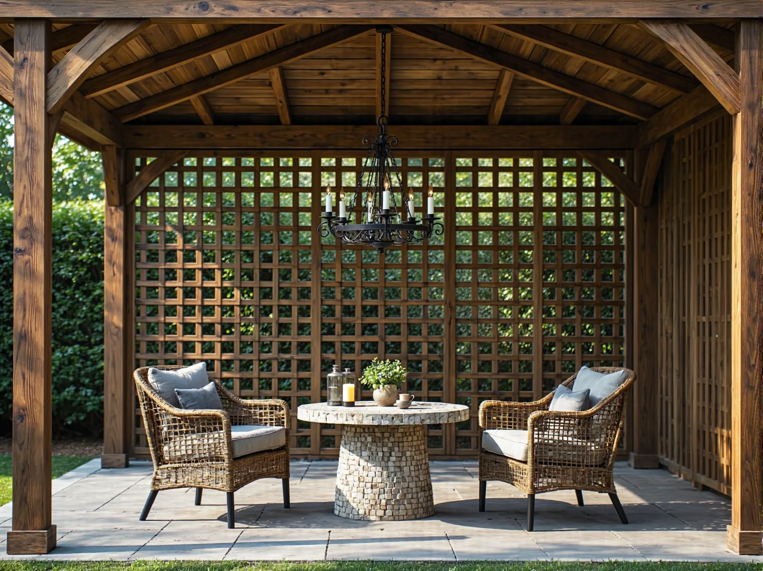 Klimatyczne oświetlenie do ogrodu retro z kinkietem ściennym i girlandami.