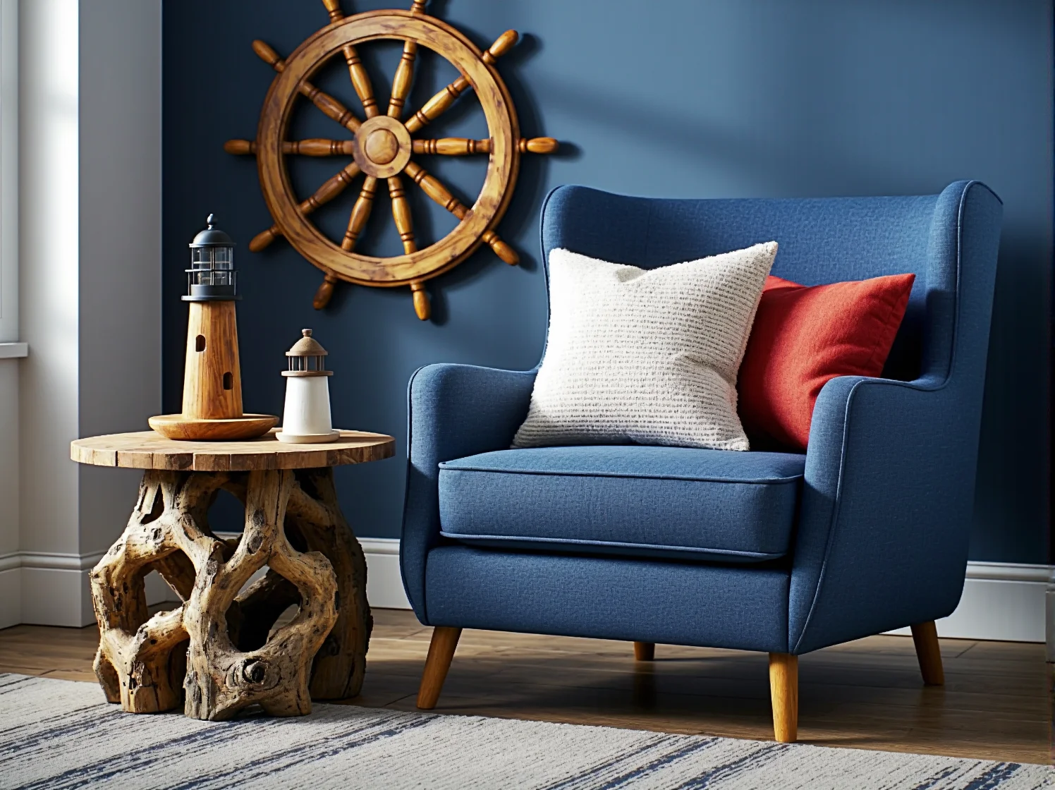 Niebiesko-białe pasy na ścianie i dekoracje w pokoju małego żeglarza