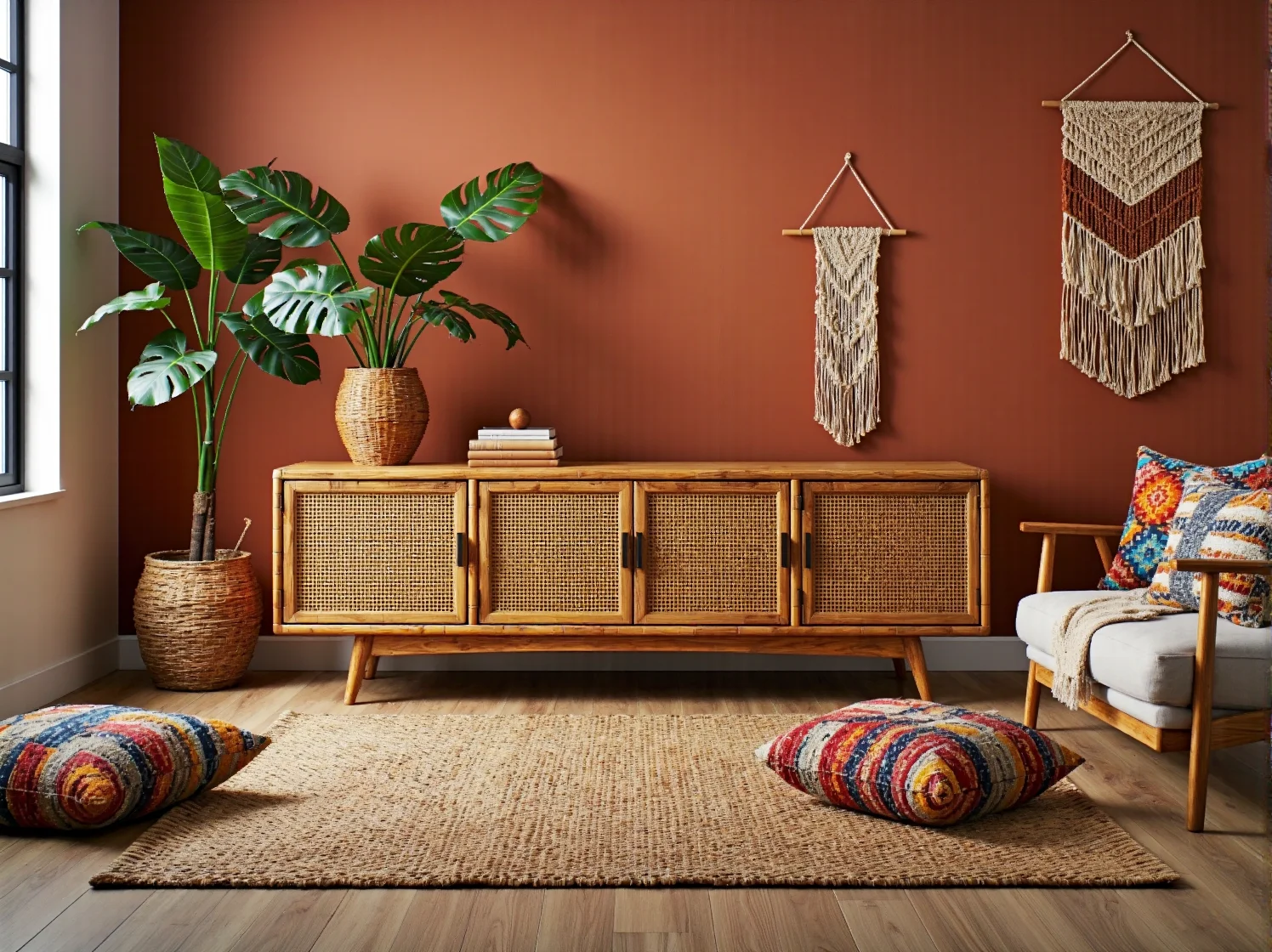 Niska szafka RTV z rattanowymi frontami na drewnianych nogach