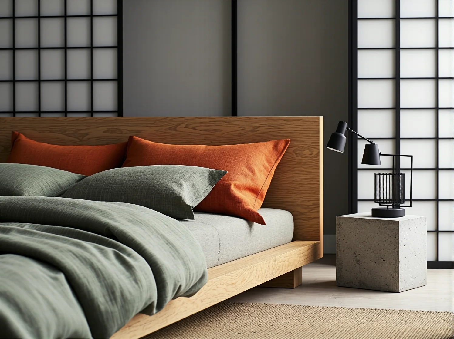 Kuchnia łącząca czarne metalowe fronty z jasnym drewnem w stylu zen.