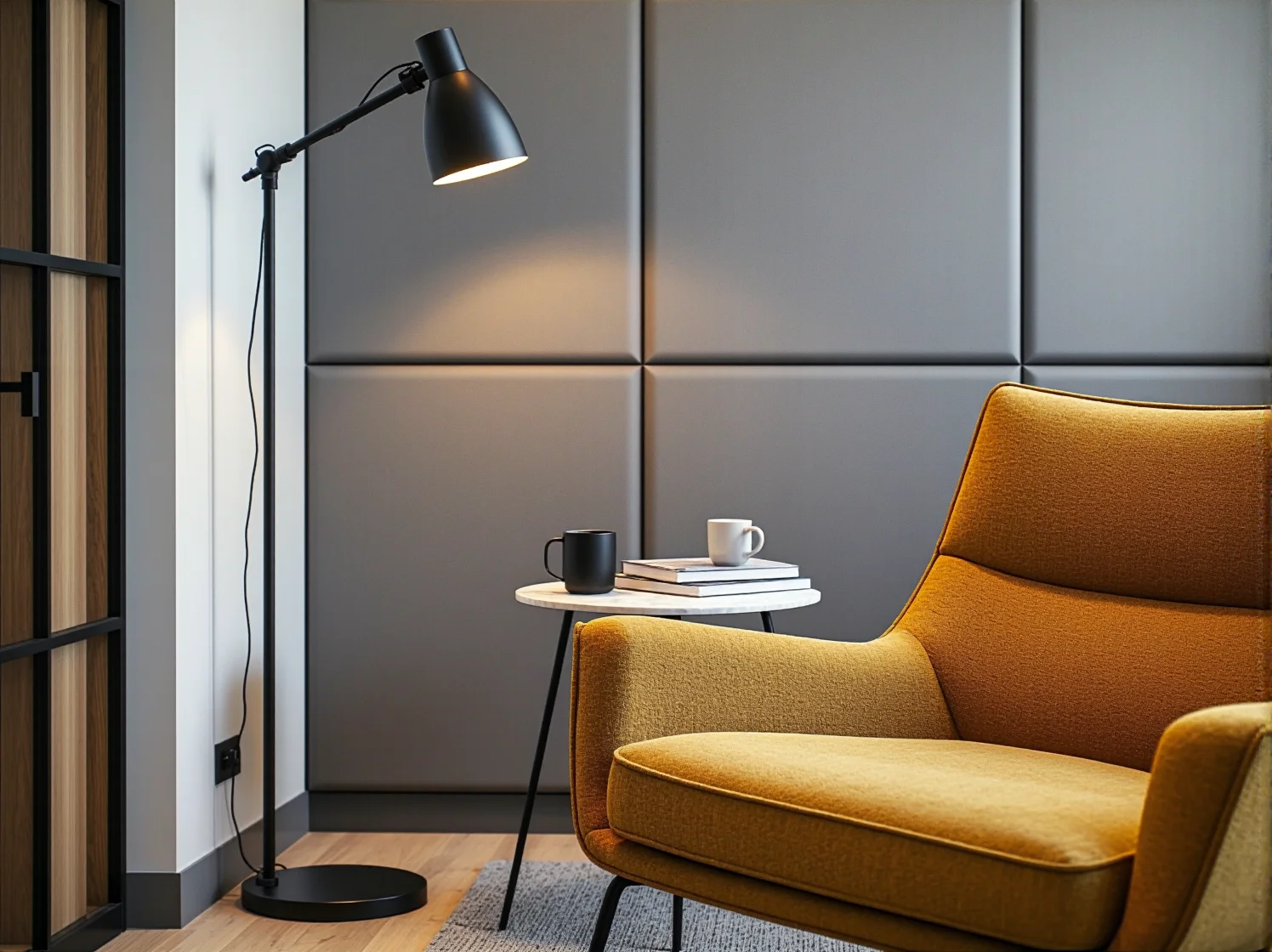 Funkcjonalna lampa podłogowa z regulowanym ramieniem, idealna do oświetlenia stanowiska pracy w biurze.