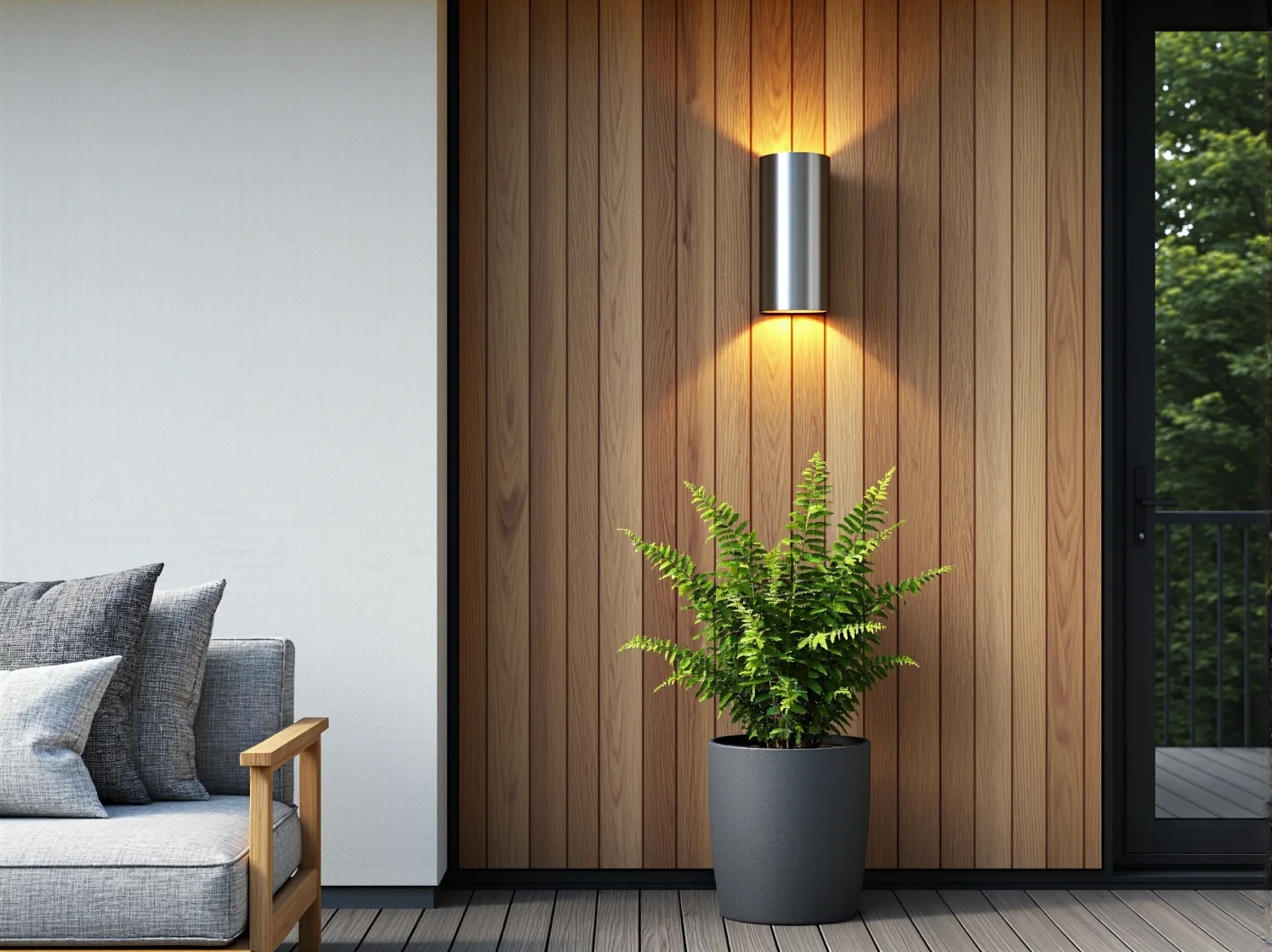 Lampa solarna LED zamontowana na drewnianej desce elewacyjnej