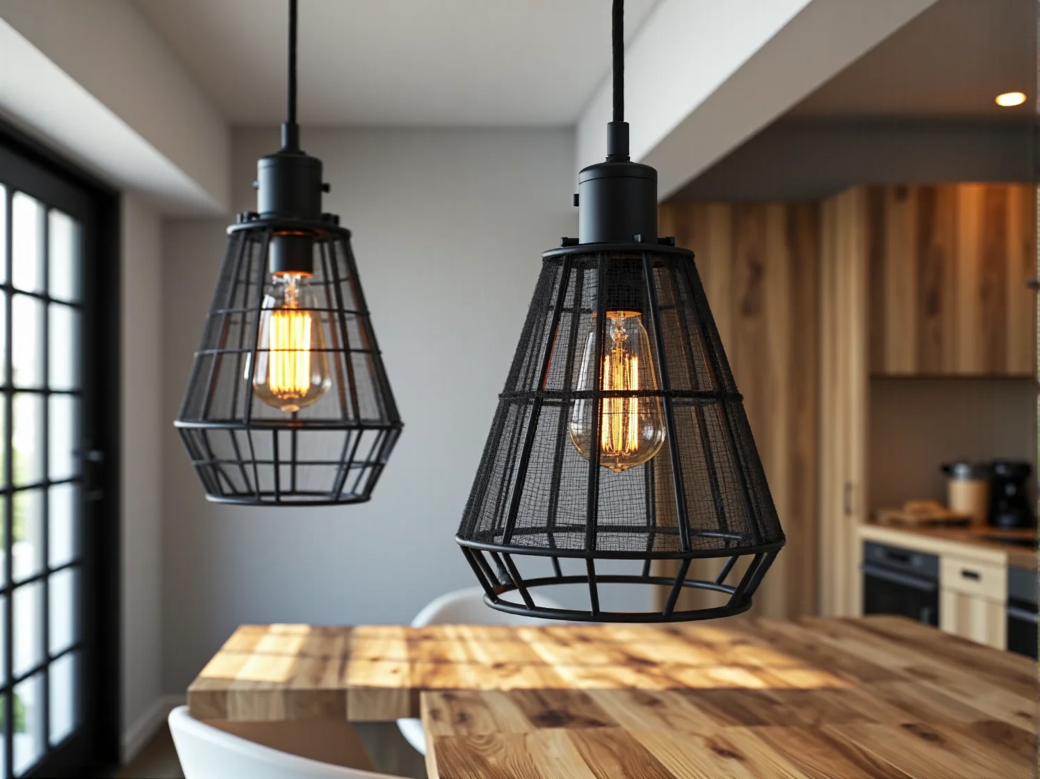 Elegancka kuchnia z drewnianymi meblami i designerską lampą wiszącą, tworząca przytulny klimat.