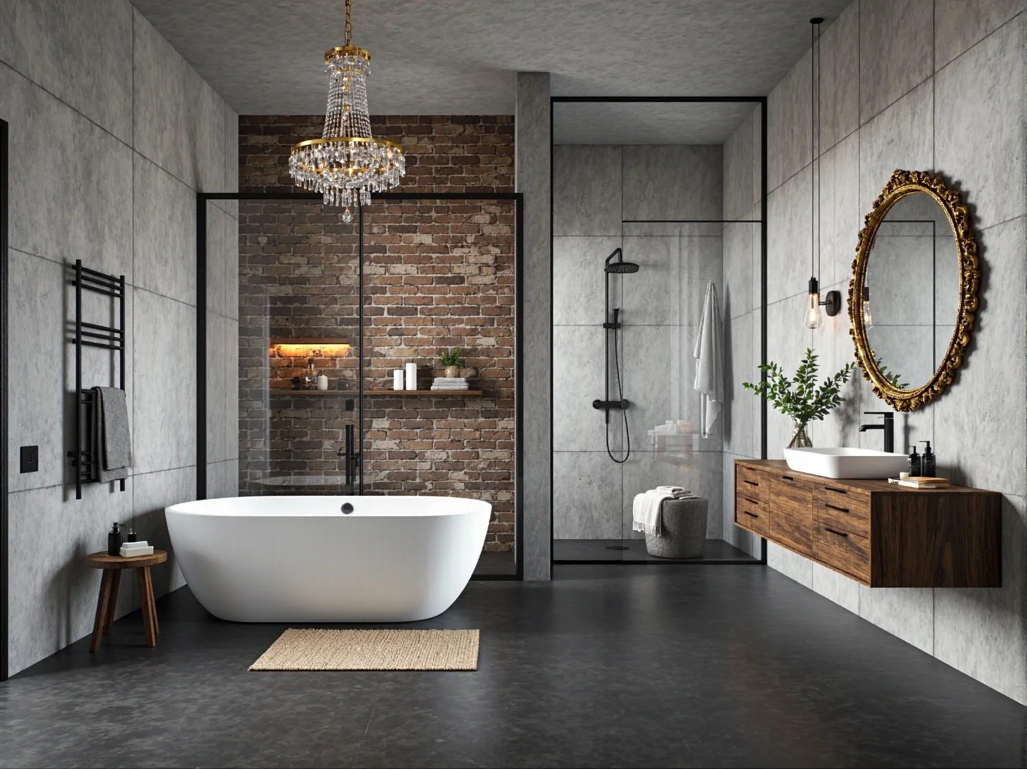 Wisząca szafka łazienkowa z drewna z białą umywalką nablatową