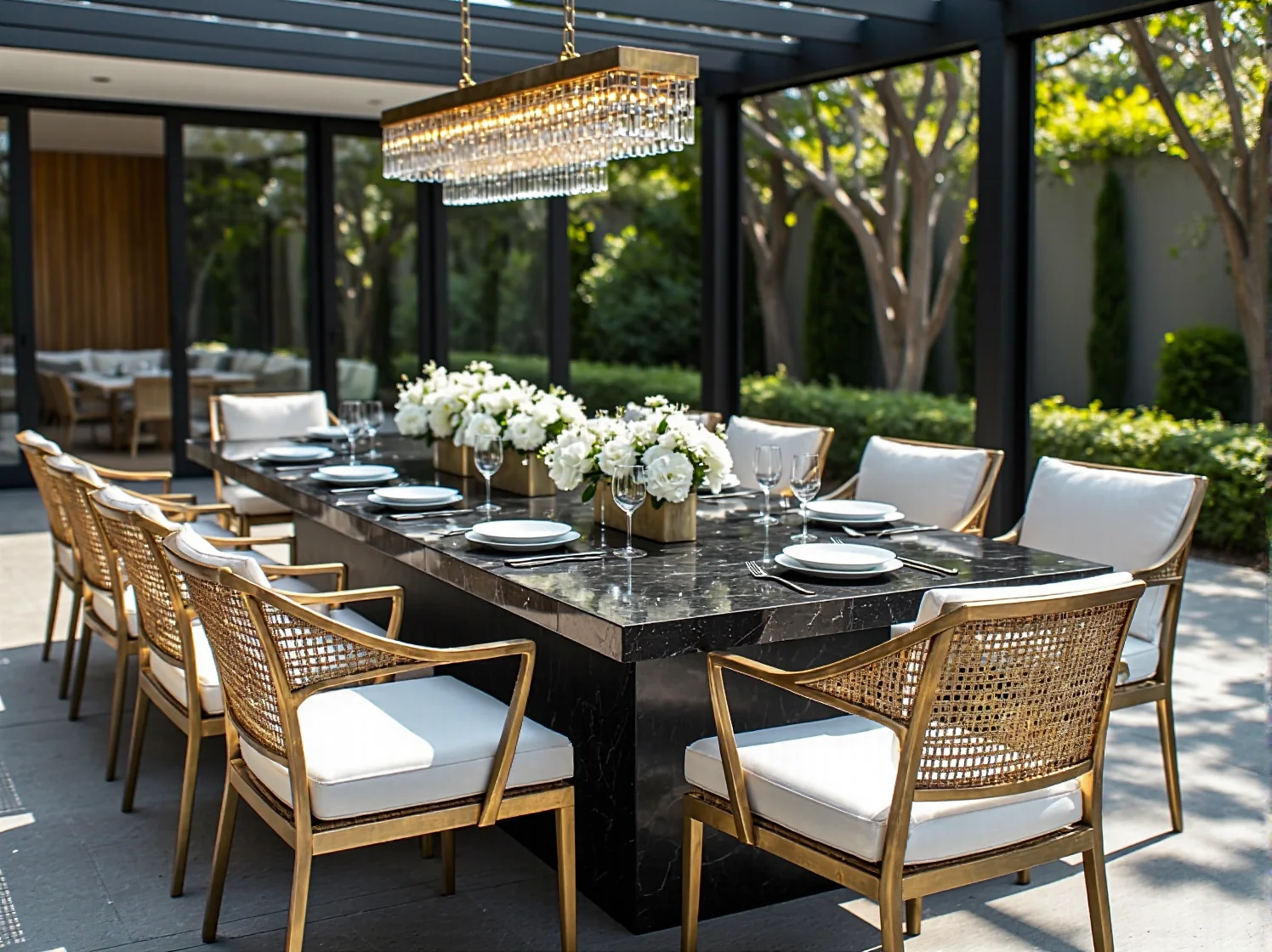 Wygodna sofa ogrodowa z pikowanymi poduszkami na eleganckim tarasie glamour.