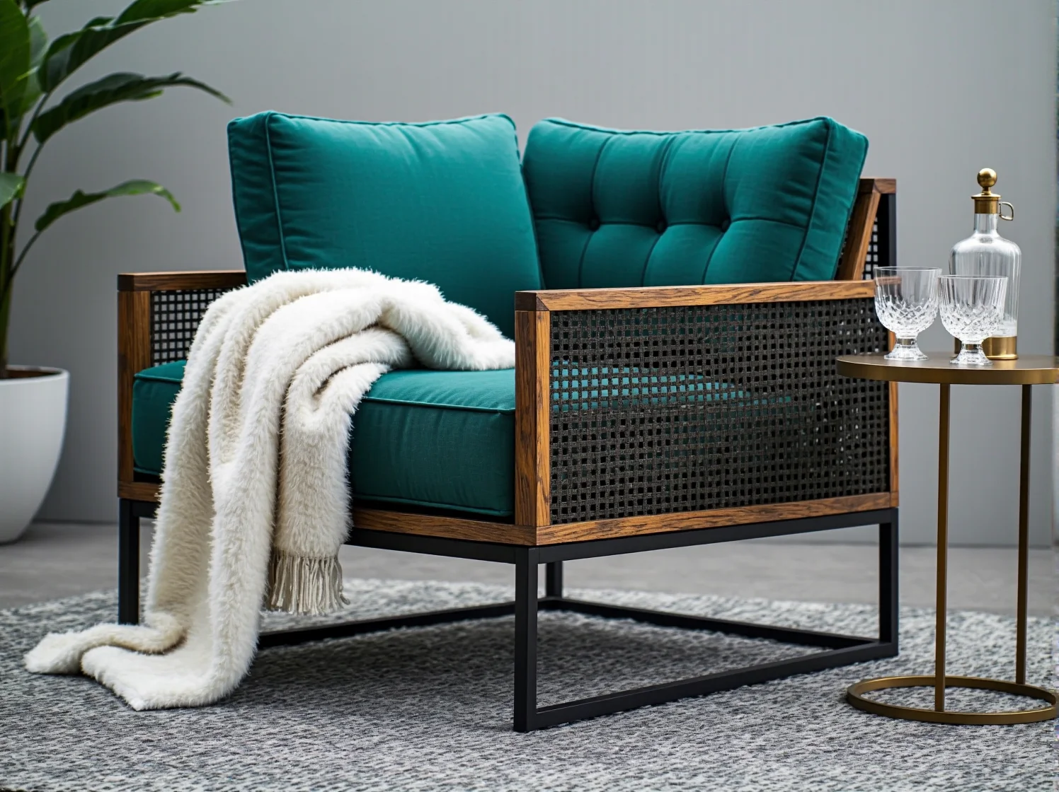 Detale wykończeniowe luksusowych mebli ogrodowych z elementami mosiądzu.