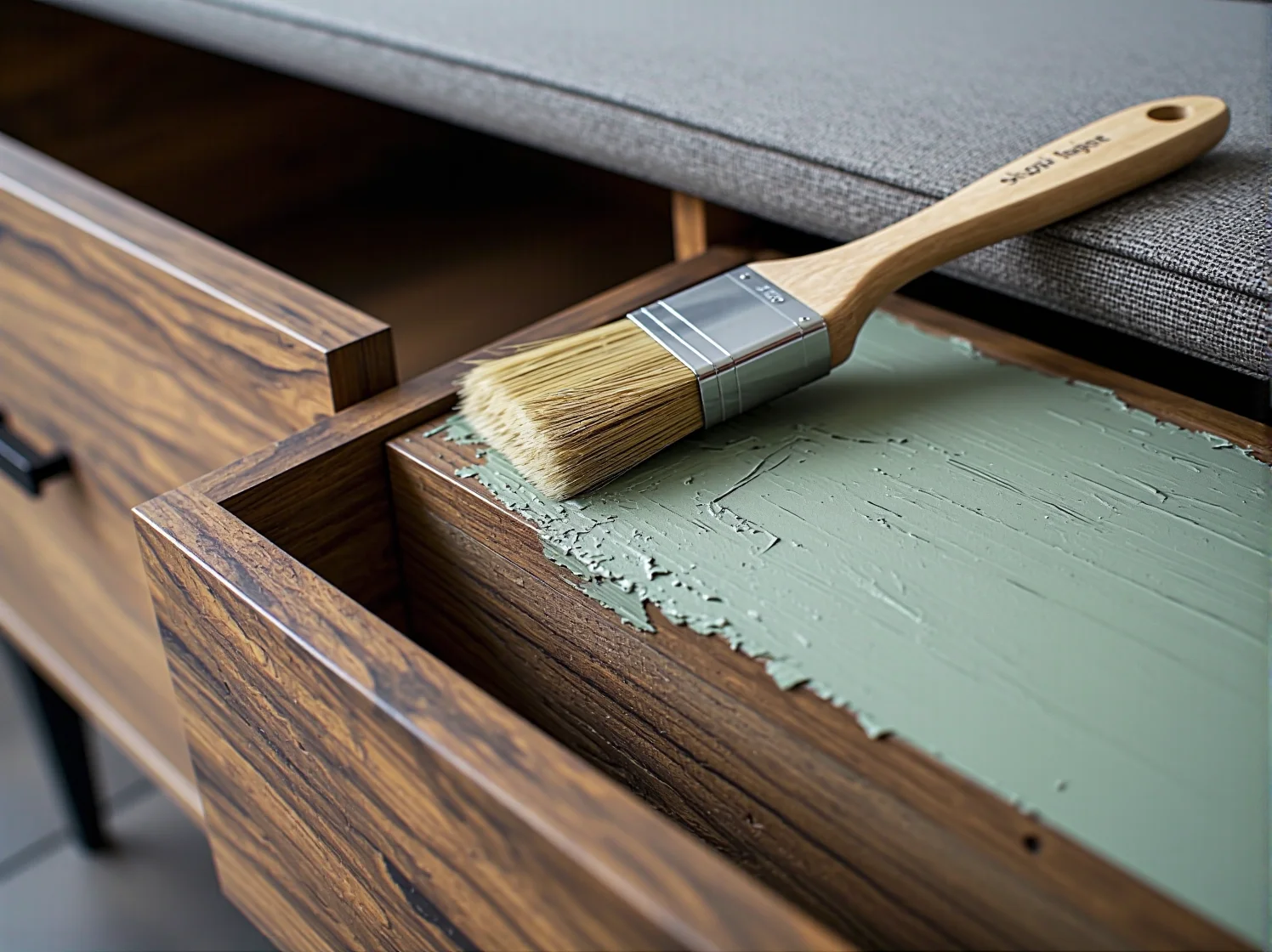 Proces malowania starej komody przy użyciu naturalnej i bezpiecznej farby kredowej do mebli.