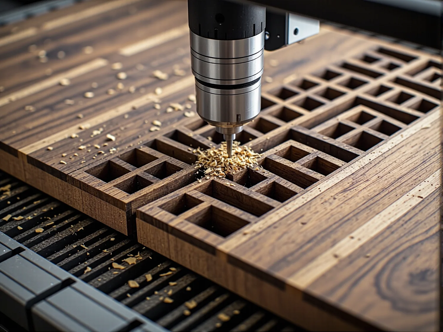Maszyna CNC precyzyjnie tnąca elementy drewniane do produkcji mebli.