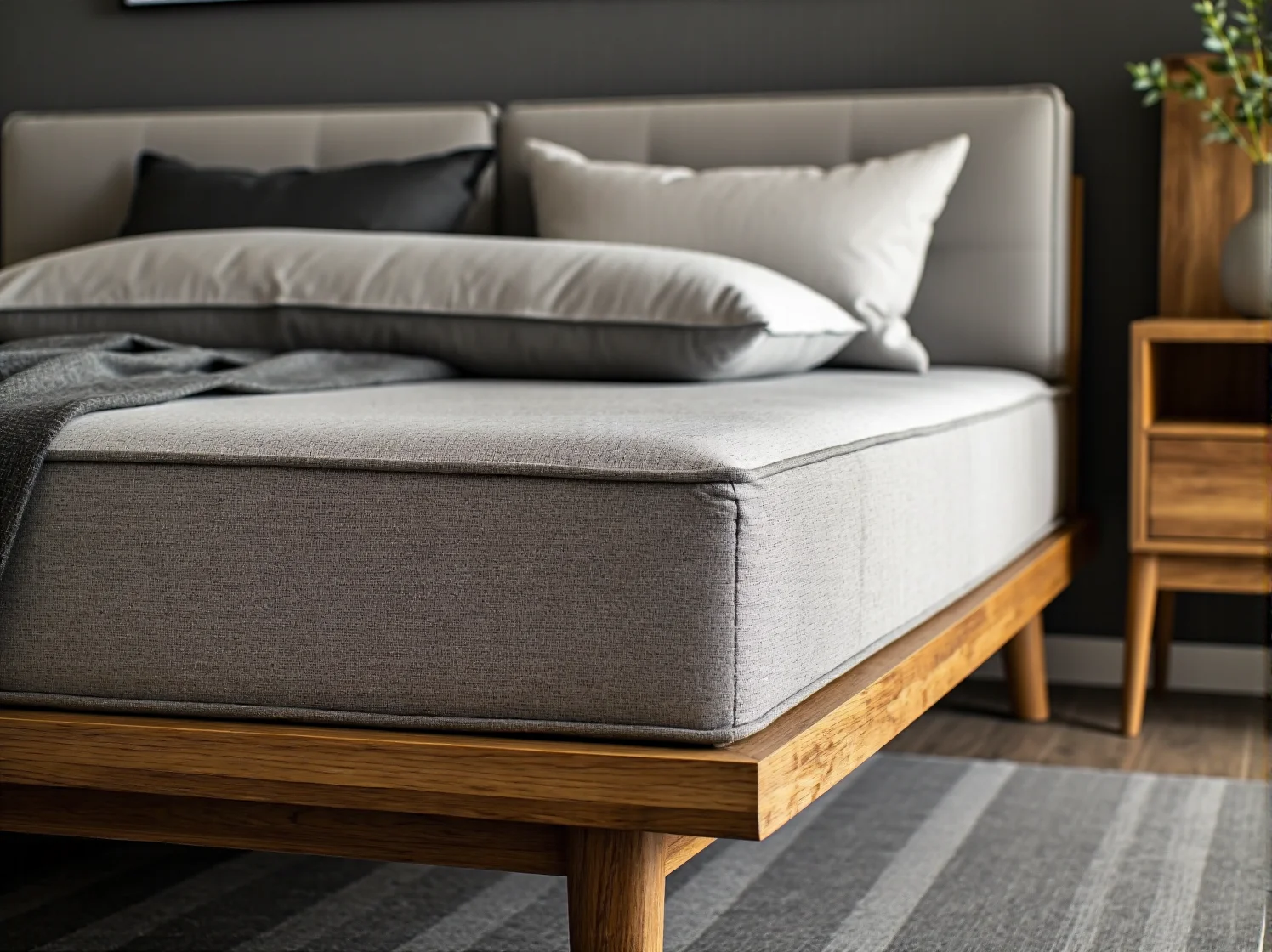 Łóżko drewniane dębowe z szarym tapicerowanym zagłówkiem