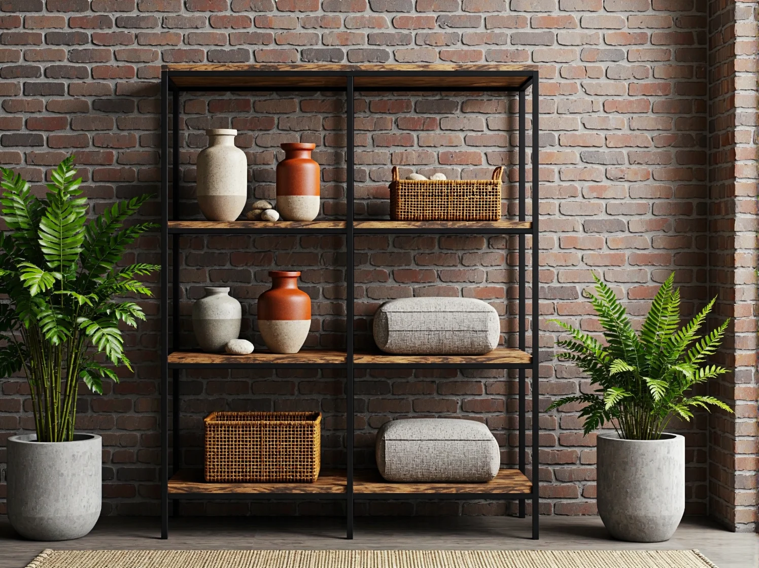 Metalowy regał loftowy z książkami i naturalnymi dodatkami w postaci roślin