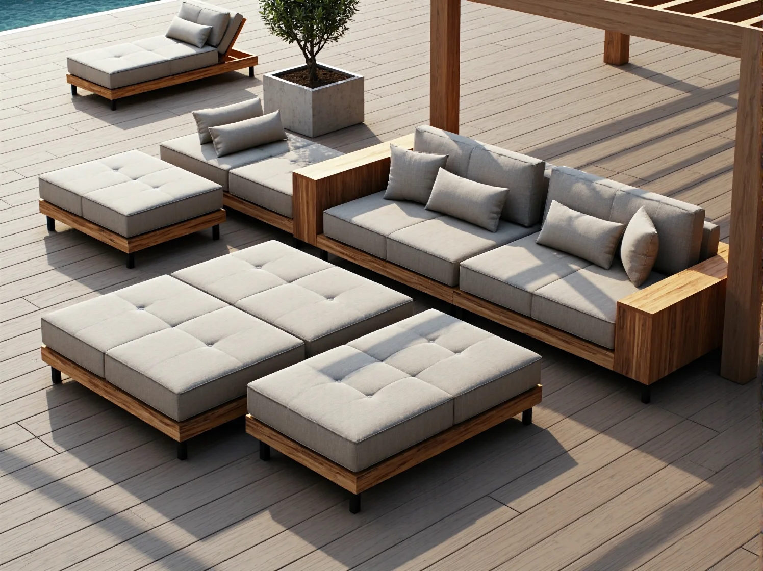 Nowoczesny narożnik z elementów modułowych, idealny na mały taras lub balkon.