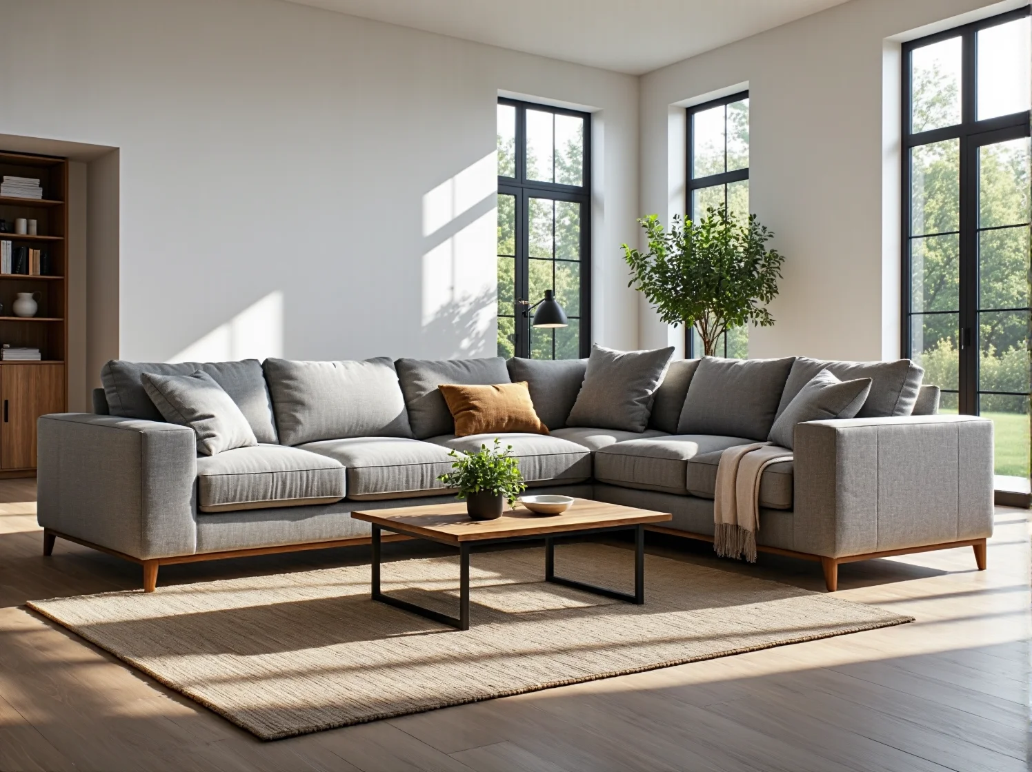 Narożnik tapicerowany szary na drewnianych nóżkach z poduszkami