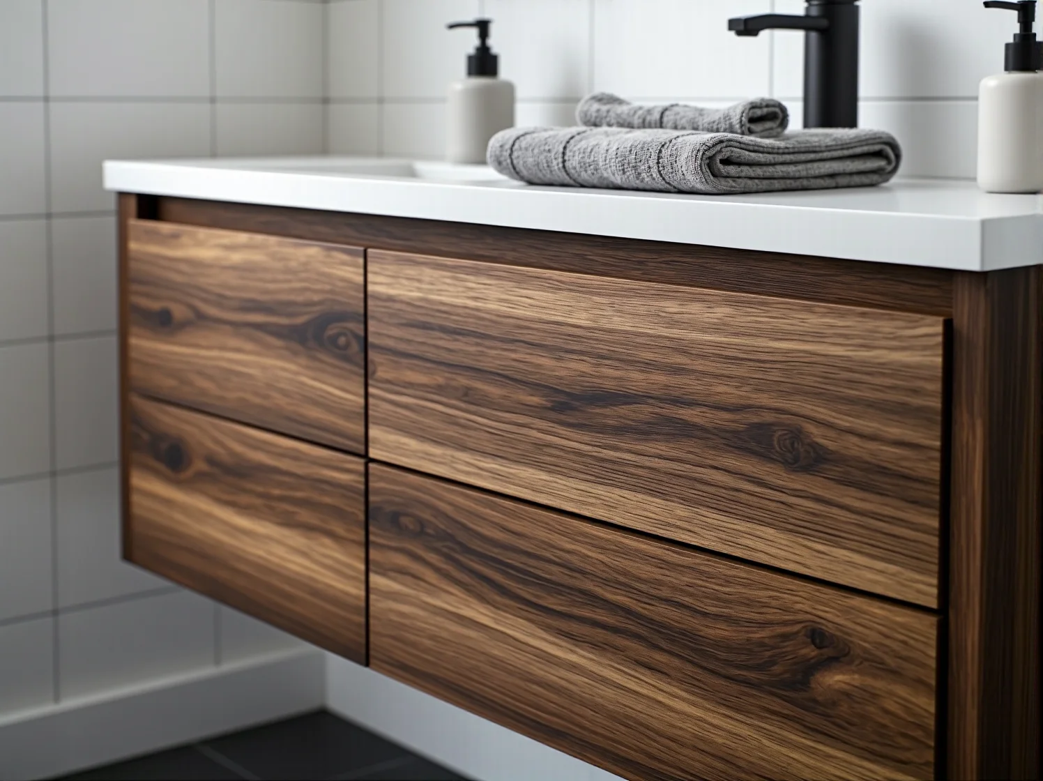 Nowoczesna szafka łazienkowa wisząca z białymi, gładkimi frontami i drewnianym blatem.