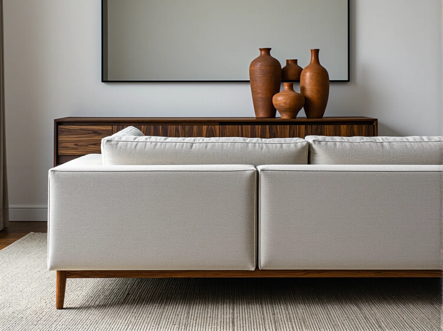 Eleganckie, czarne nóżki i czyste linie nowoczesnej sofy narożnej.