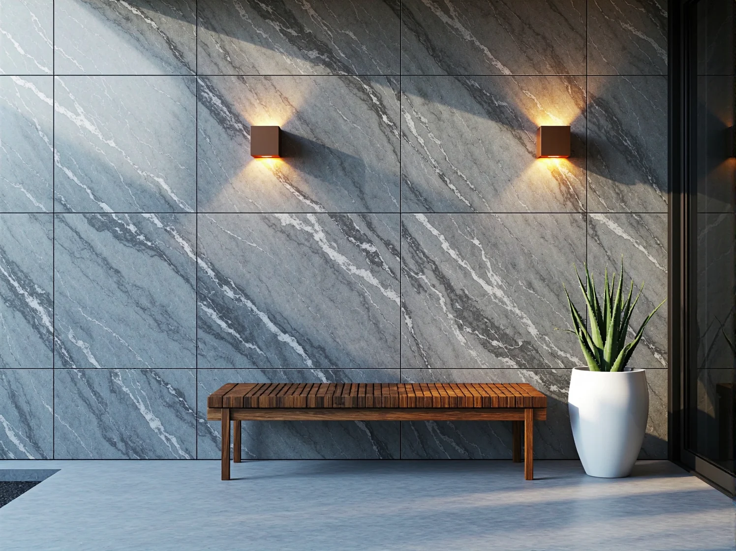 Minimalistyczna oprawa elewacyjna LED zamontowana na ścianie z łupka kamiennego, tworząca efektowną poświatę.